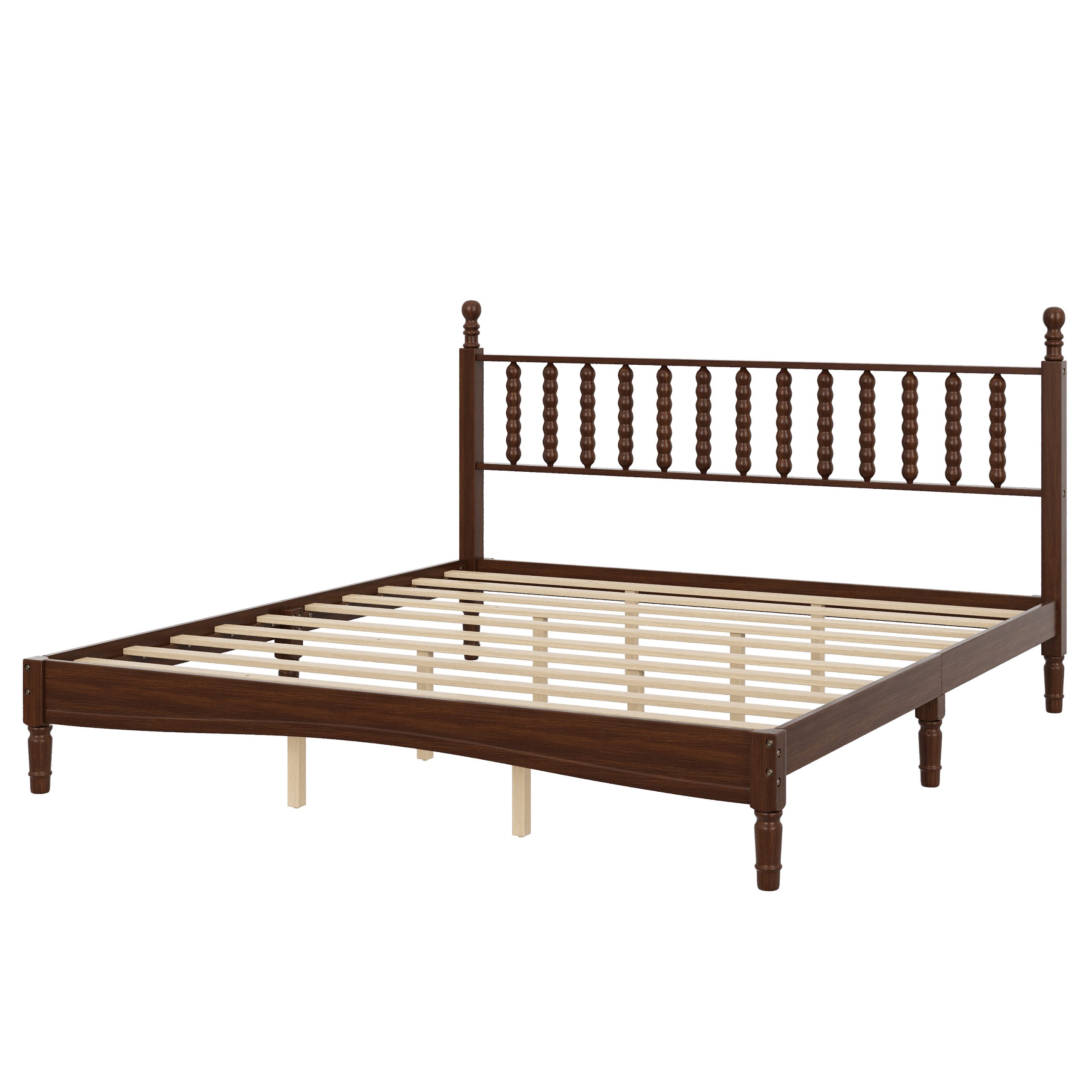 King Size Wood Platform Bed with Gourd Shaped Headboard,Retro Style Platform Bed with Wooden Slat Support,Walnut - Image 5