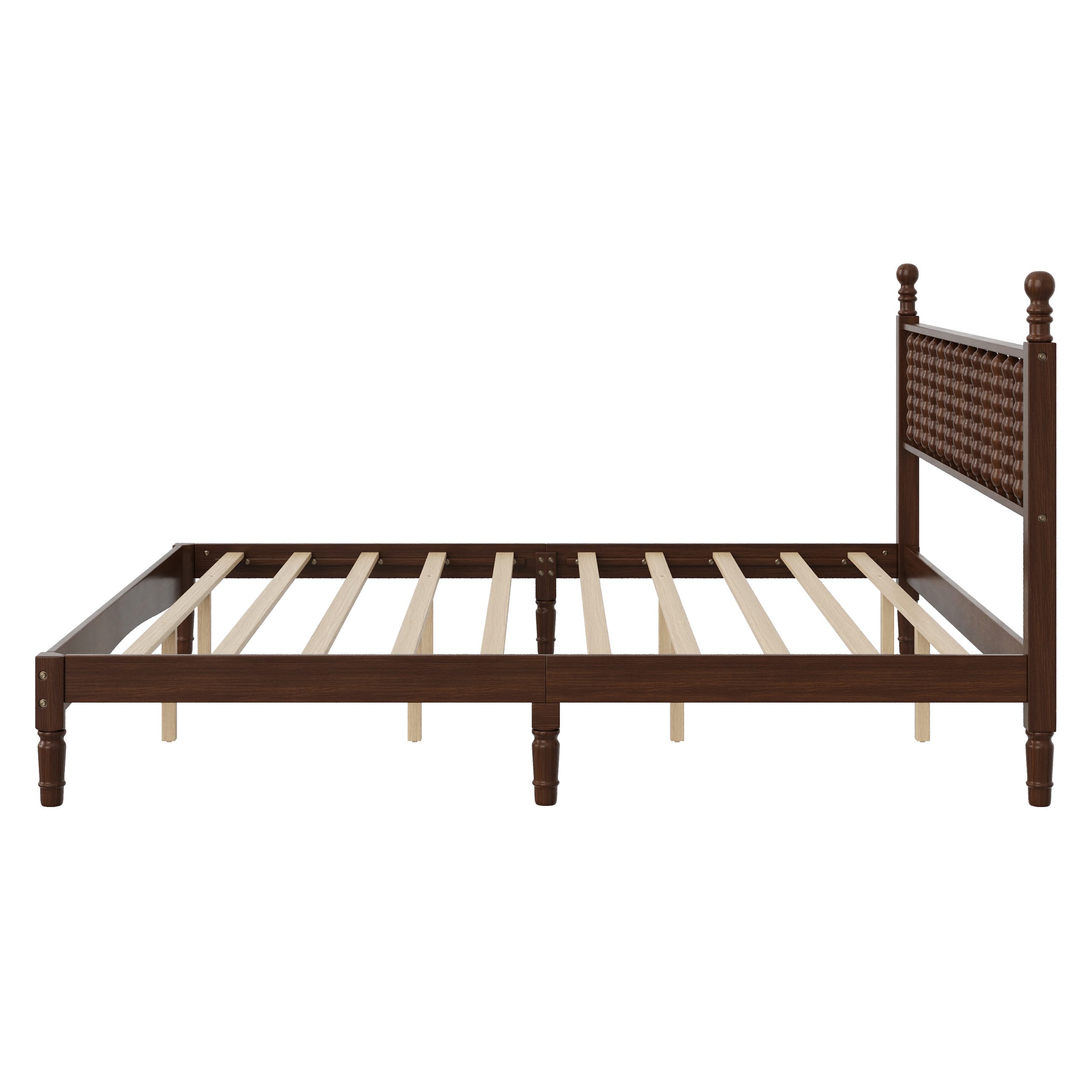 King Size Wood Platform Bed with Gourd Shaped Headboard,Retro Style Platform Bed with Wooden Slat Support,Walnut - Image 6