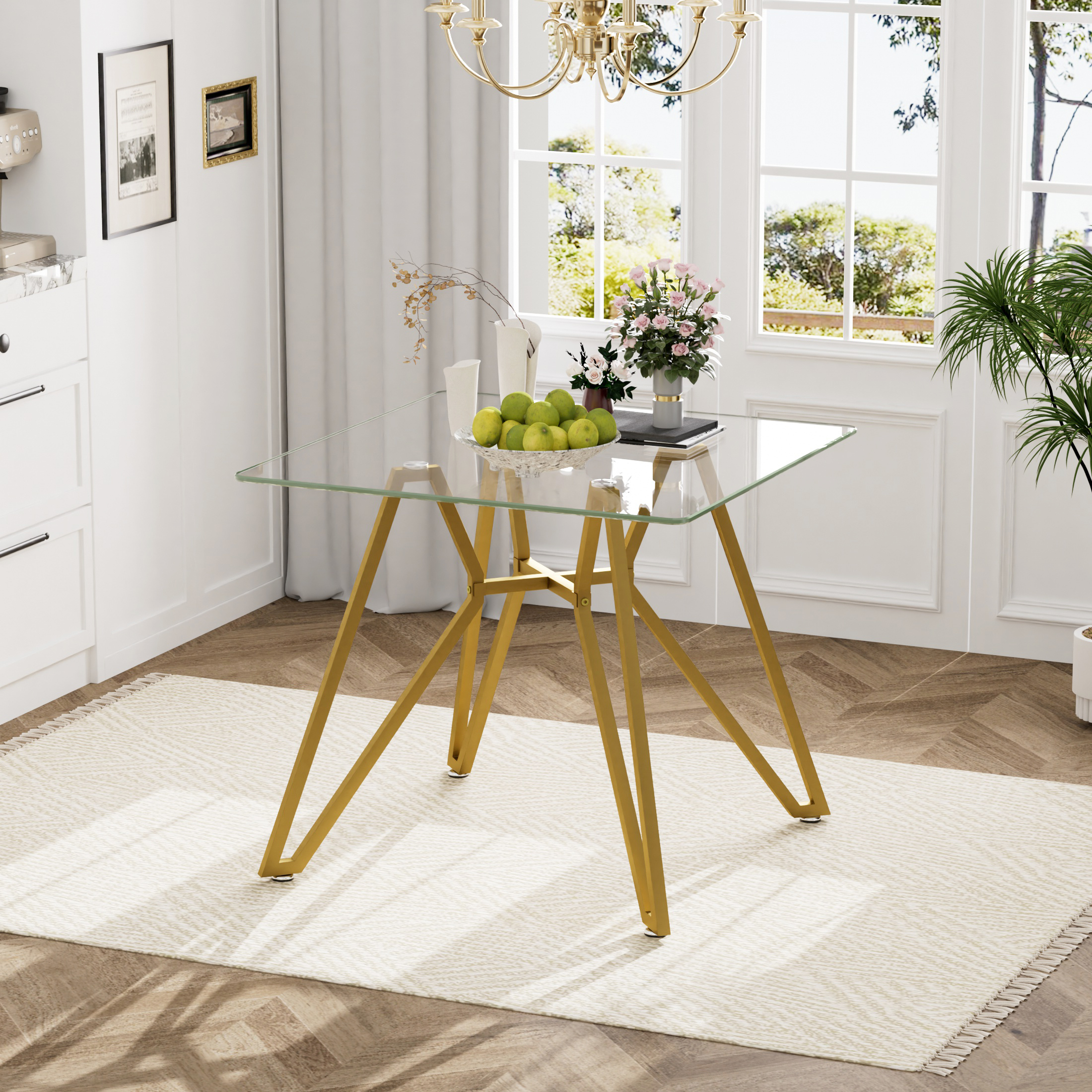 35.4-inch square tempered glass dining table, suitable for 2-4 people, space-saving small kitchen dining table, equipped with sturdy metal table legs,suitable for dining room, living room,Gold - Image 6