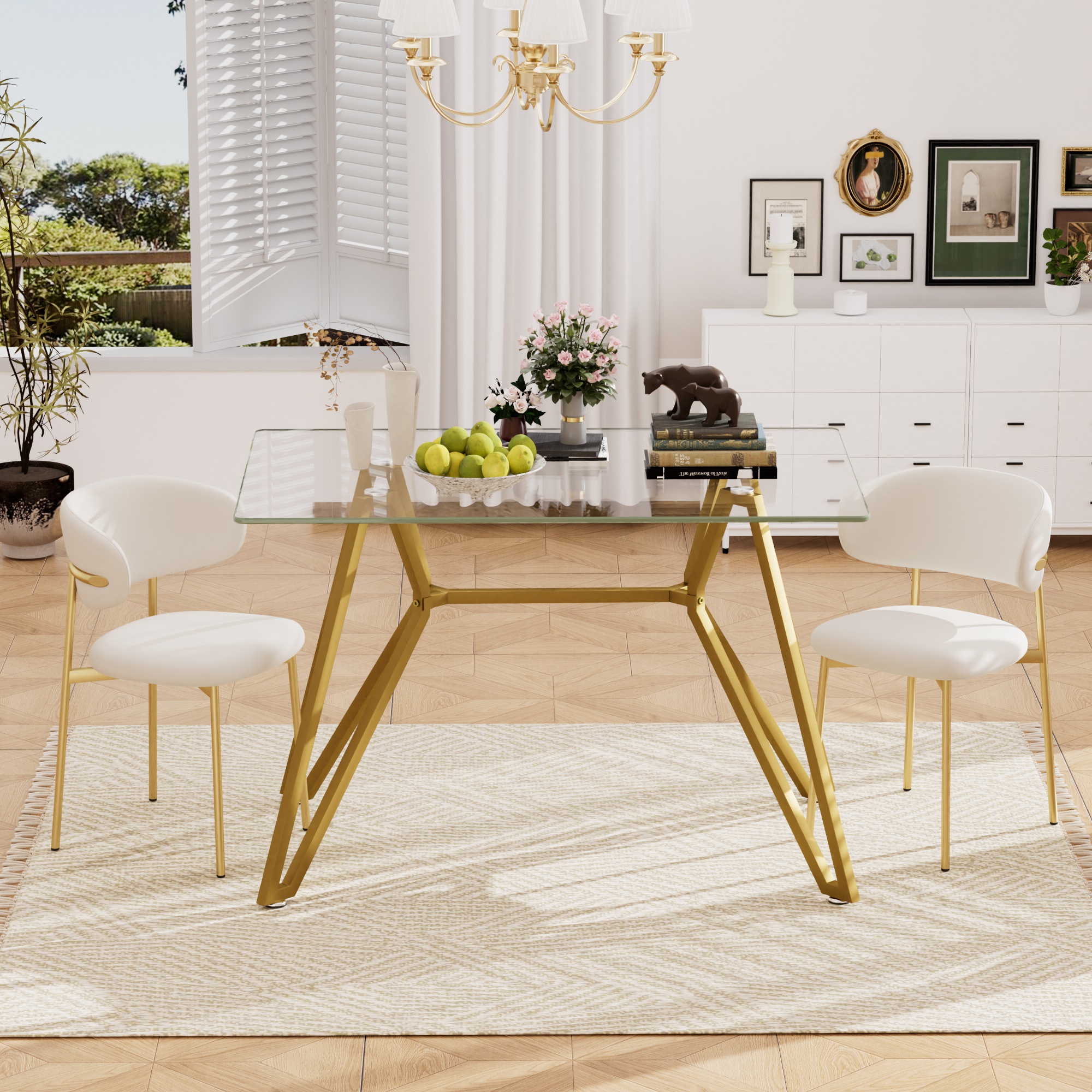 47.3-inch rectangular glass dining table, suitable for 1-6 people, modern style home kitchen dining table, equipped with sturdy metal table legs,suitable for dining room,living rooms, offices, Gold - Image 5