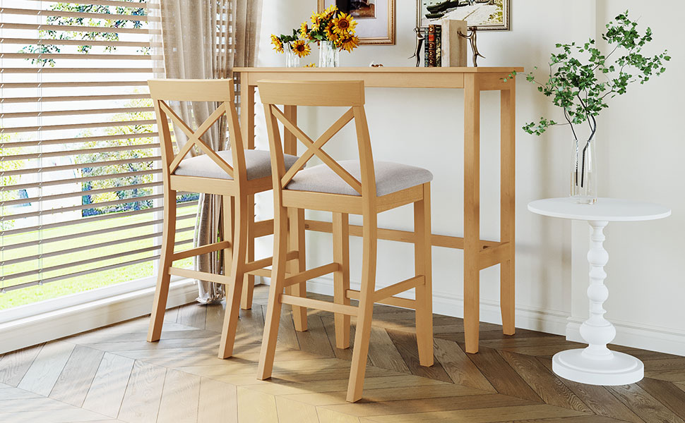 TOPMAX Farmhouse 48"Rectangular Wood Bar Height Dining Set Kitchen Breakfast Nook with 2 Chairs for Small Places,Natural+Beige - Image 2