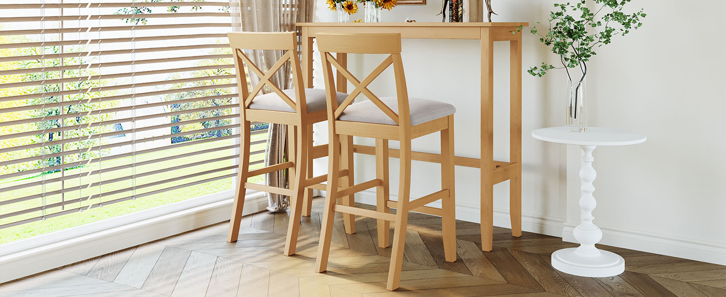 TOPMAX Farmhouse 48"Rectangular Wood Bar Height Dining Set Kitchen Breakfast Nook with 2 Chairs for Small Places,Natural+Beige - Image 3