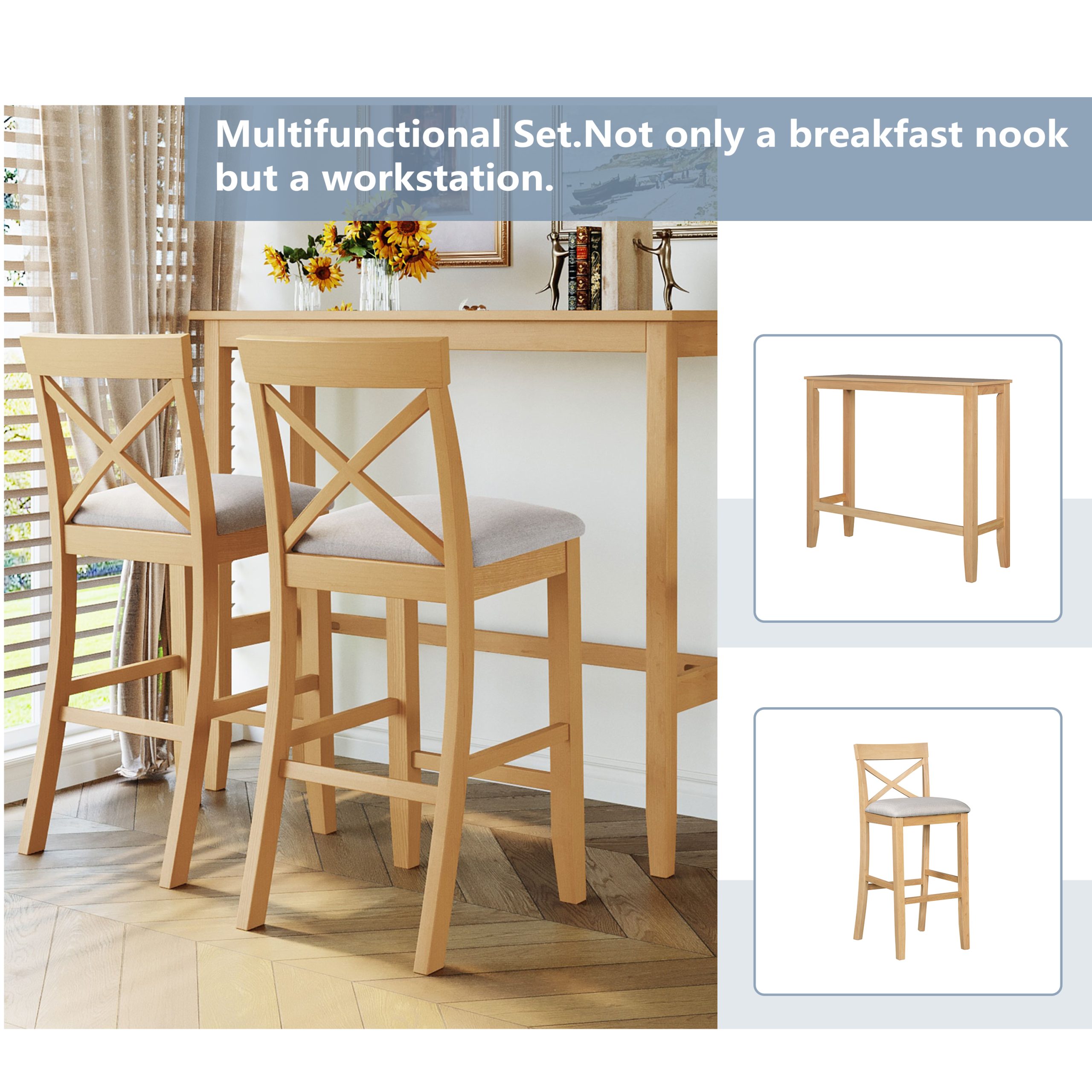 TOPMAX Farmhouse 48"Rectangular Wood Bar Height Dining Set Kitchen Breakfast Nook with 2 Chairs for Small Places,Natural+Beige - Image 5