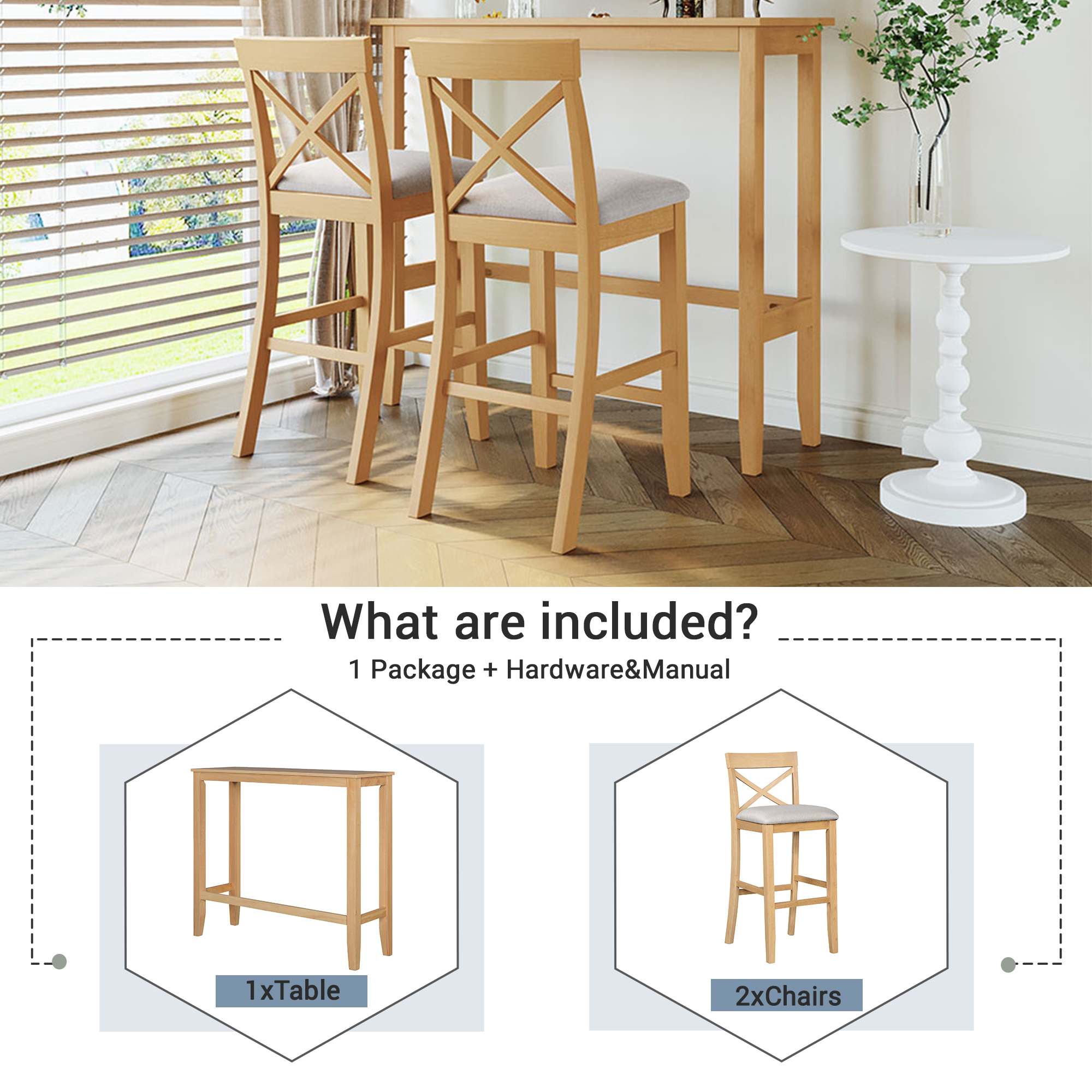 TOPMAX Farmhouse 48"Rectangular Wood Bar Height Dining Set Kitchen Breakfast Nook with 2 Chairs for Small Places,Natural+Beige - Image 6