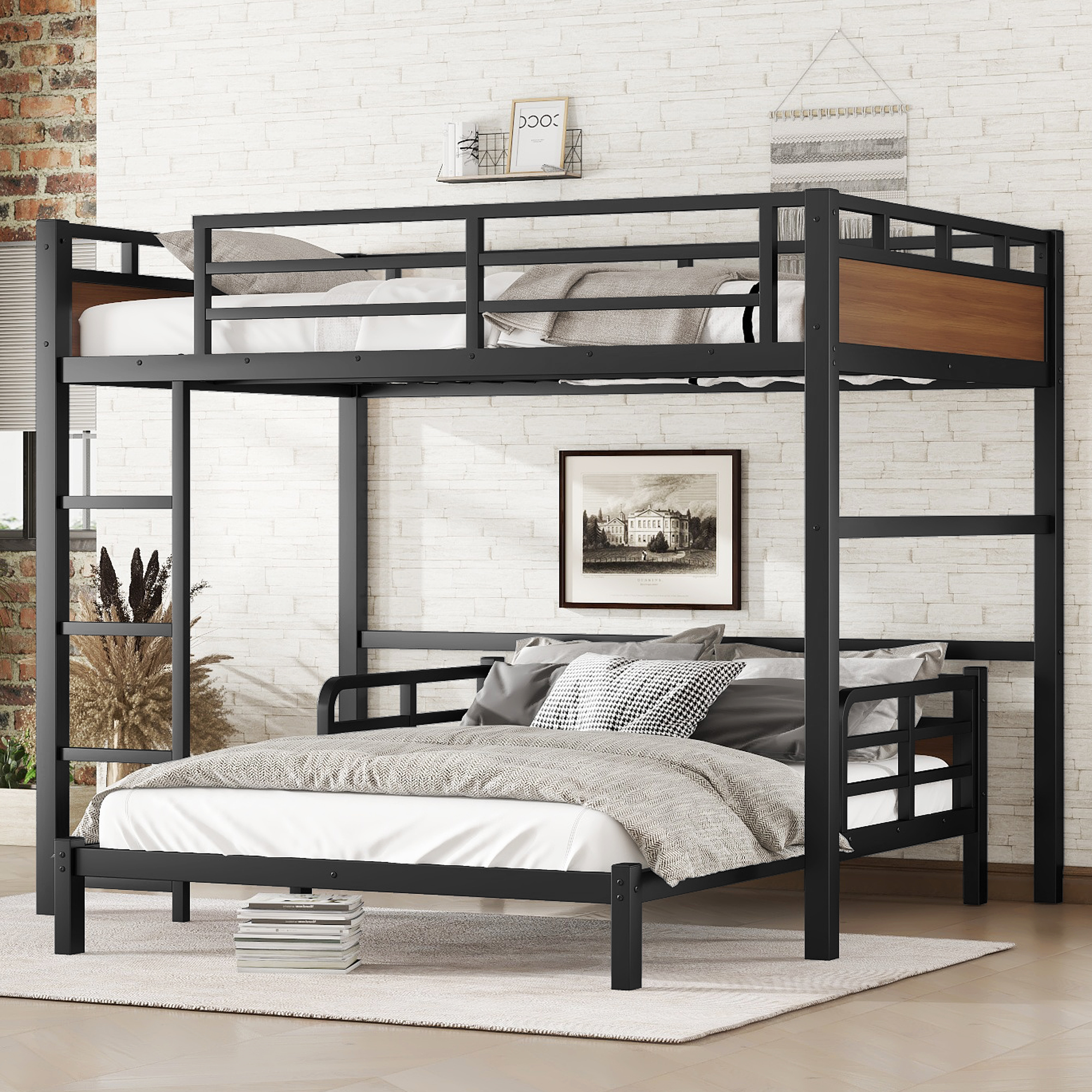 Full XL over Full XL Metal Bunk Bed/Metal Loft Bed,Separable Bunk Beds,with raised security fence,Walnut Color - Image 1