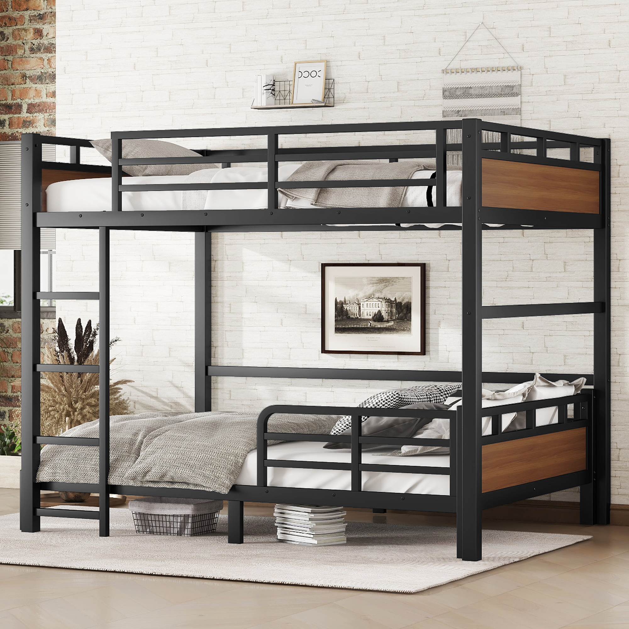 Full XL over Full XL Metal Bunk Bed/Metal Loft Bed,Separable Bunk Beds,with raised security fence,Walnut Color - Image 2