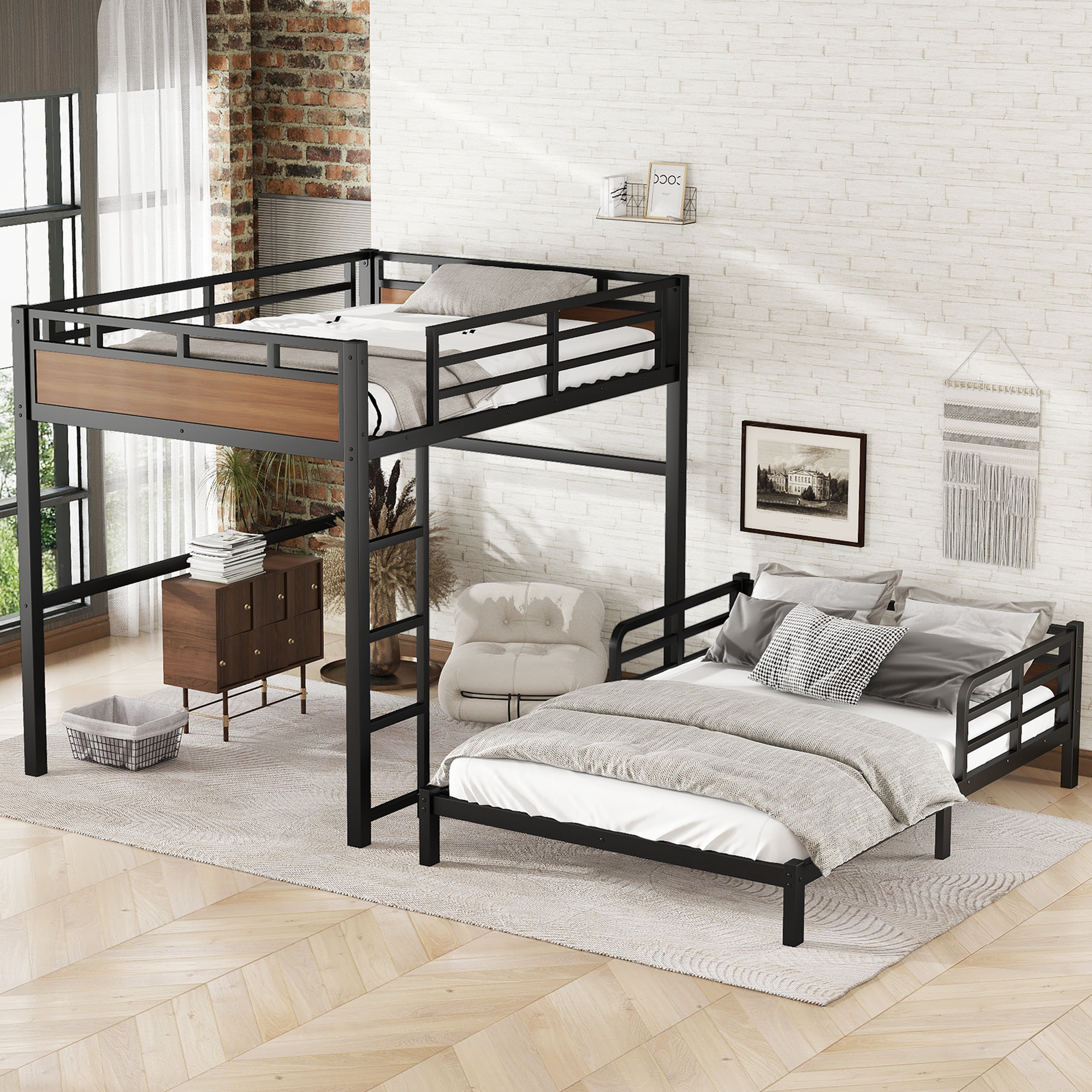 Full XL over Full XL Metal Bunk Bed/Metal Loft Bed,Separable Bunk Beds,with raised security fence,Walnut Color - Image 3