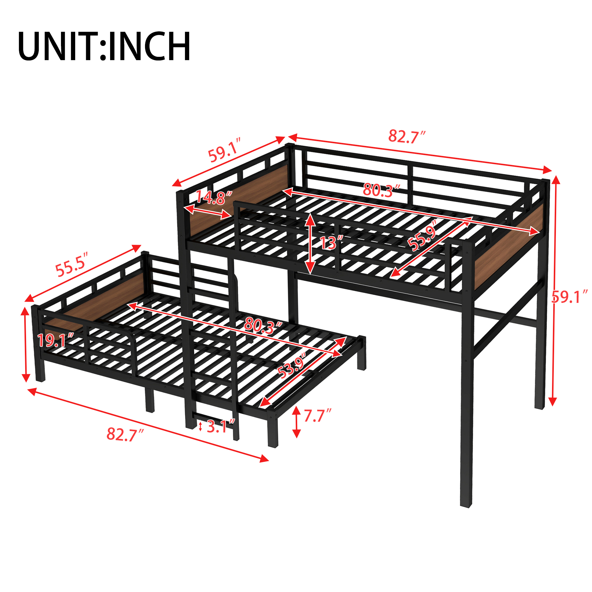 Full XL over Full XL Metal Bunk Bed/Metal Loft Bed,Separable Bunk Beds,with raised security fence,Walnut Color - Image 4