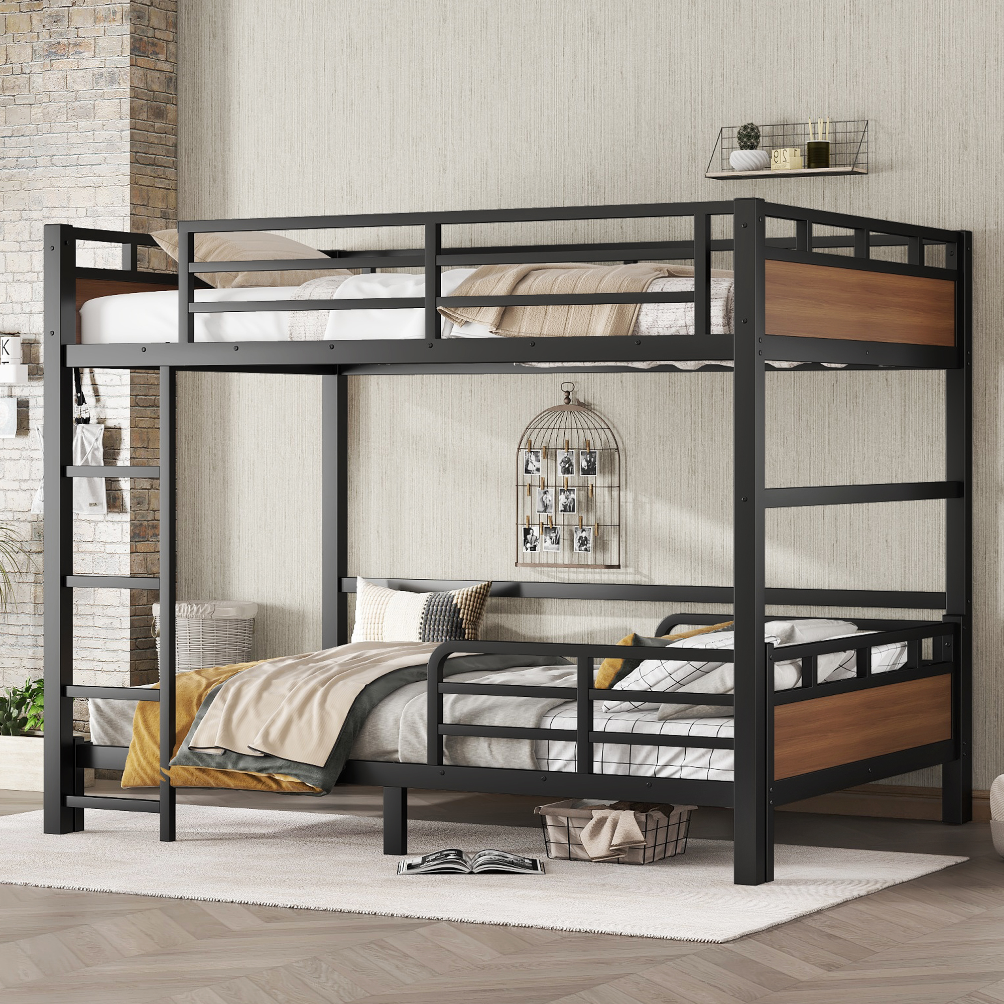 Full over Full Metal Bunk Bed/Metal Loft Bed,Separable Bunk Beds,with raised security fence,Walnut Color - Image 2