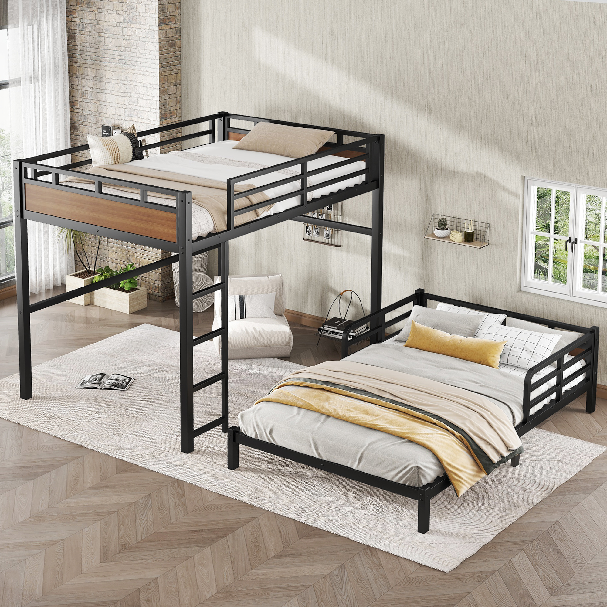 Full over Full Metal Bunk Bed/Metal Loft Bed,Separable Bunk Beds,with raised security fence,Walnut Color - Image 3