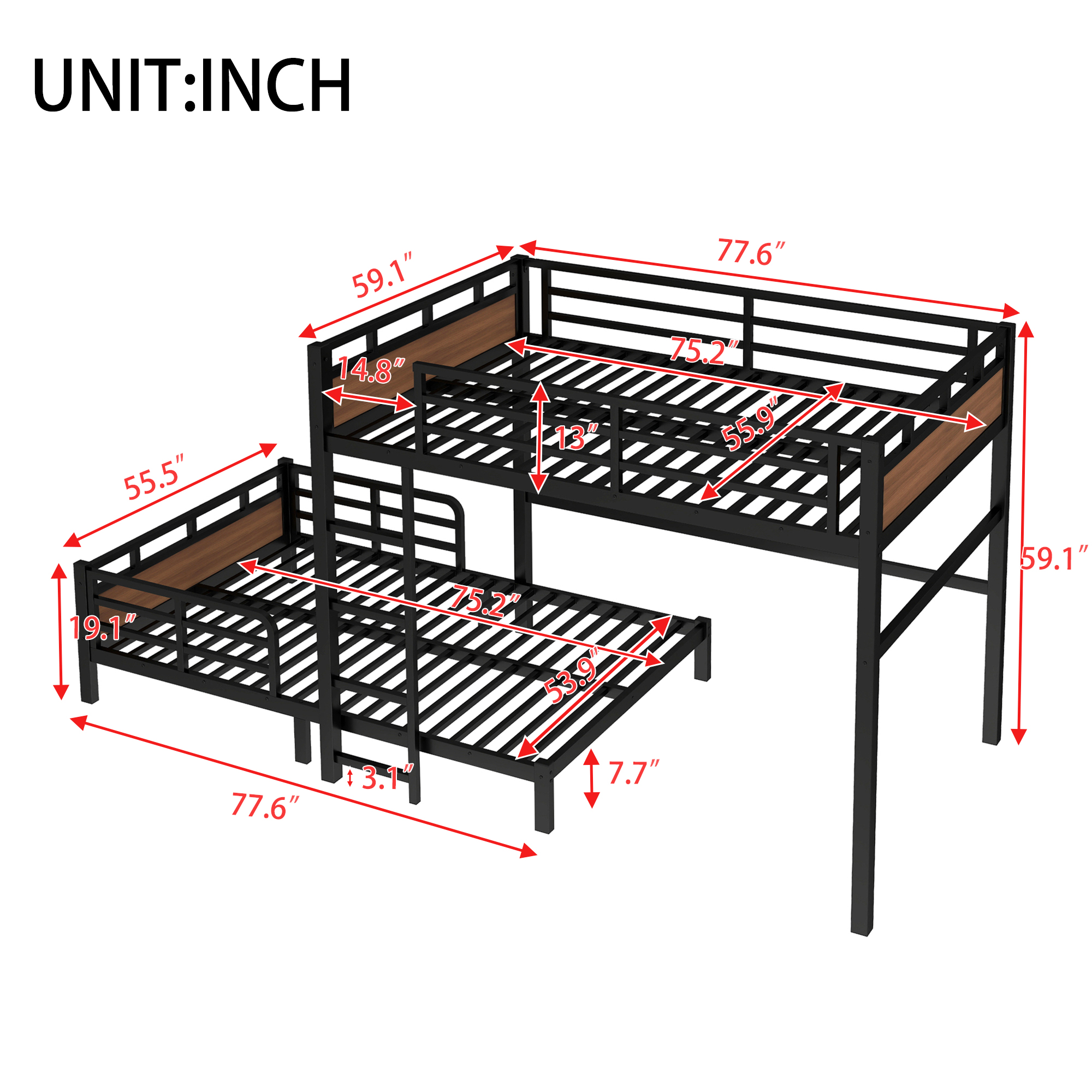 Full over Full Metal Bunk Bed/Metal Loft Bed,Separable Bunk Beds,with raised security fence,Walnut Color - Image 4