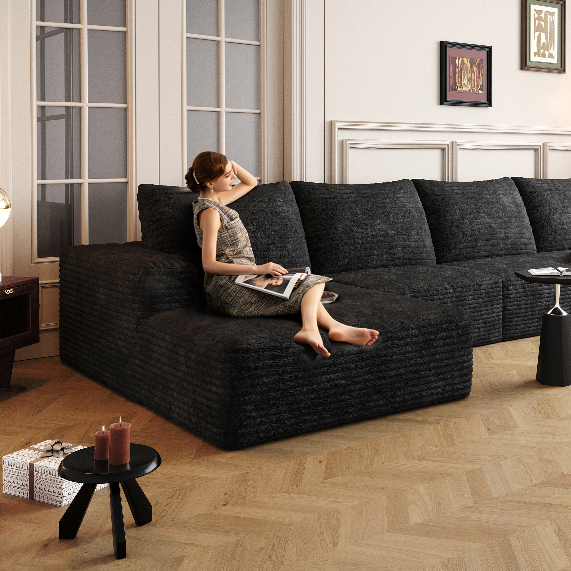 135" Cloud Sectional Couch with L-Shape Chaise,Modern Modular Sofa with Deep Seat, Upholstered Couches for Living Room Bedroom,No Assembly Required, Black(Plush Corduroy Fabric) - Image 3