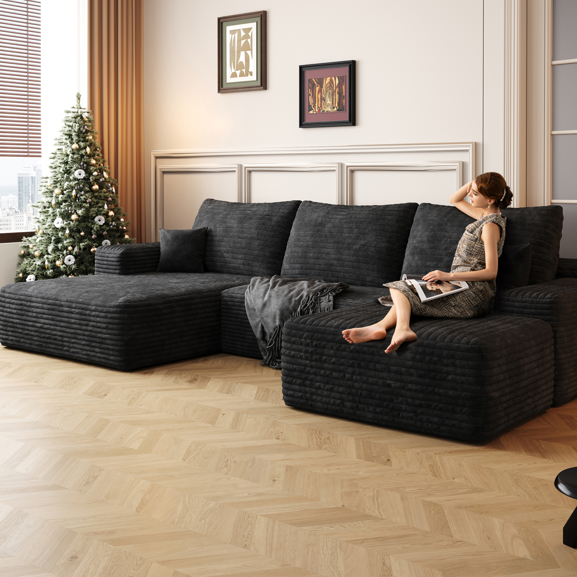 107"Cloud Sectional Sofa with 1 Ottoman,Modern Minimalist Upholstered Couches,Comfort U Shaped Sofa for Living Room,Deep Seat Corner Couch,No Assembly Required (Plush Corduroy Fabric) - Image 4
