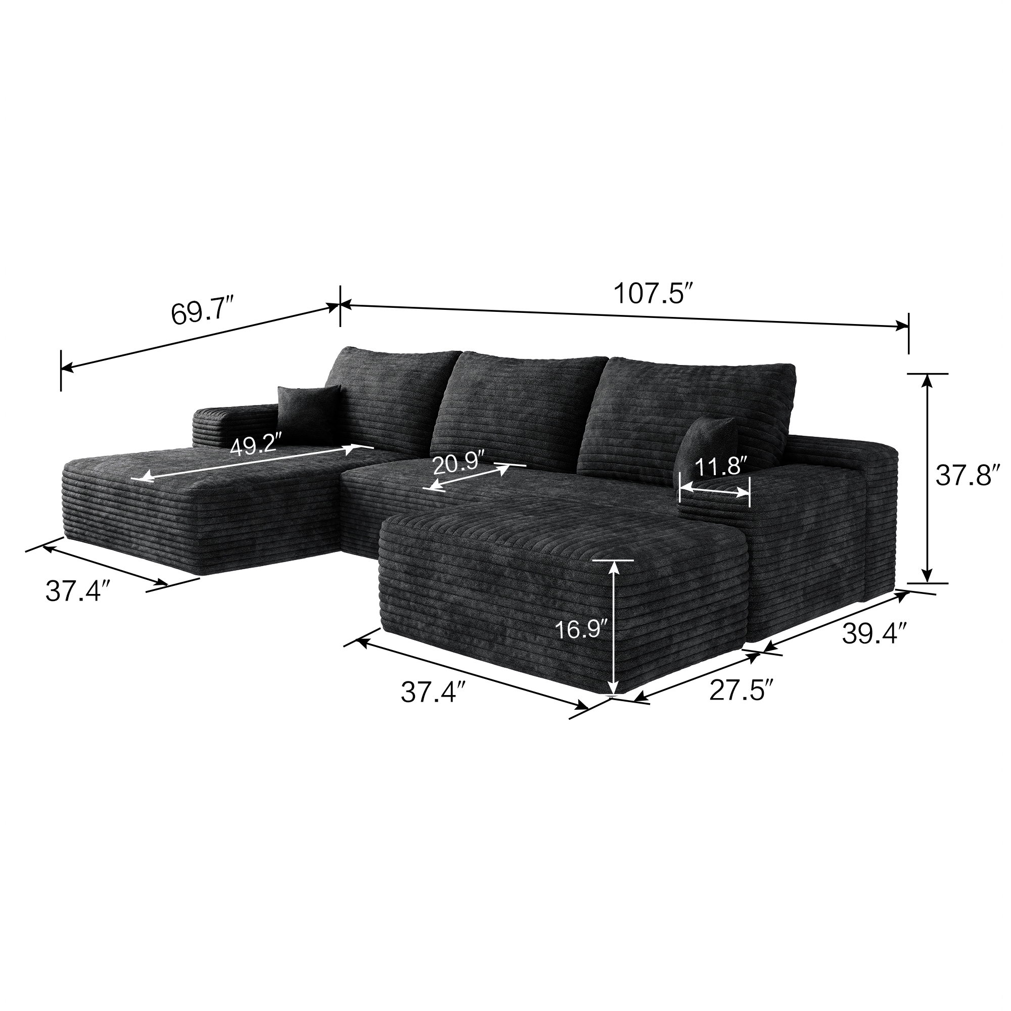 107"Cloud Sectional Sofa with 1 Ottoman,Modern Minimalist Upholstered Couches,Comfort U Shaped Sofa for Living Room,Deep Seat Corner Couch,No Assembly Required (Plush Corduroy Fabric) - Image 6