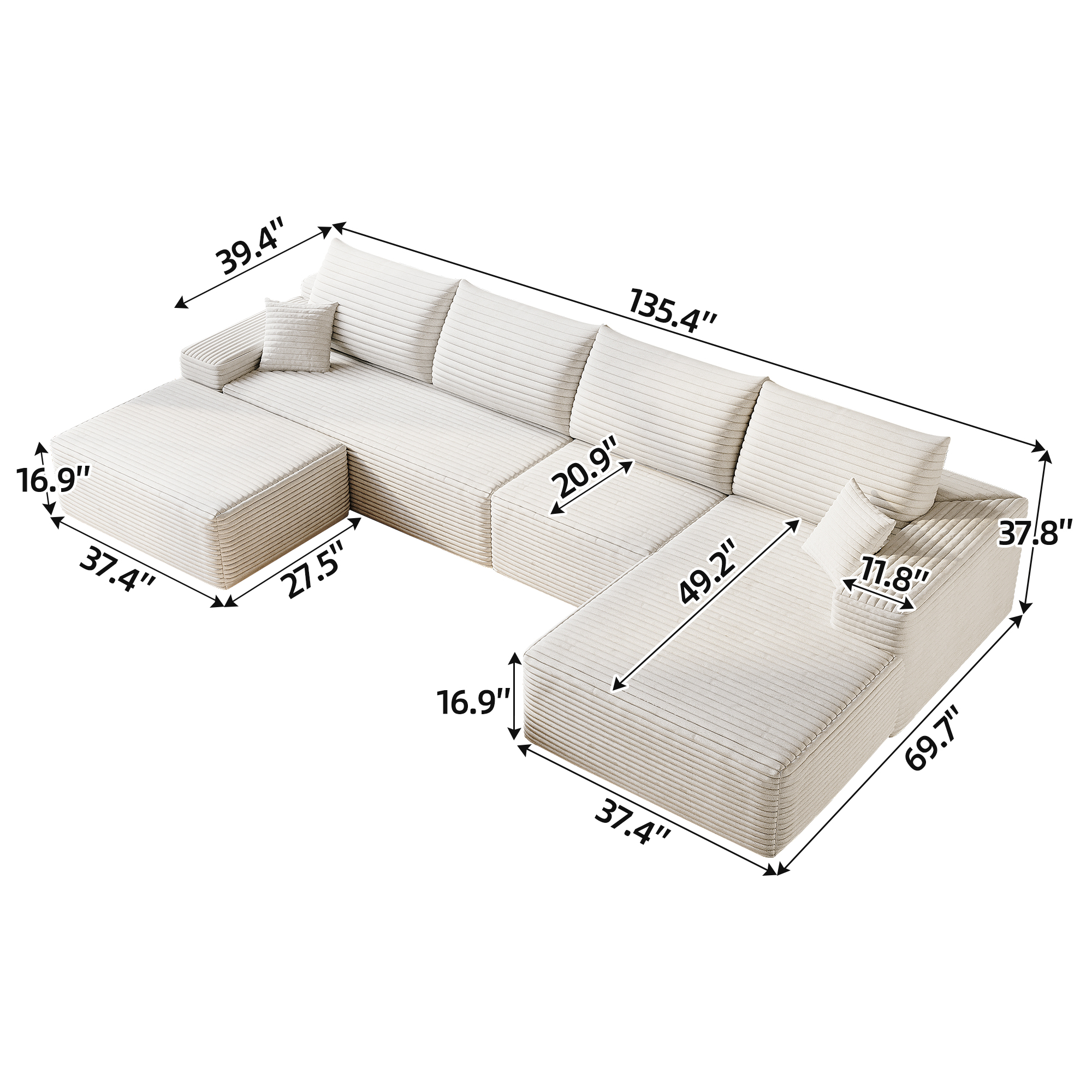 135" Cloud Sectional Sofa with 1 Ottoman,Modern Minimalist Upholstered Couches, Comfort U Shaped Sofa for Living Room,Deep Seat Corner Couch,No Assembly Required (Plush Corduroy Fabric),White - Image 5