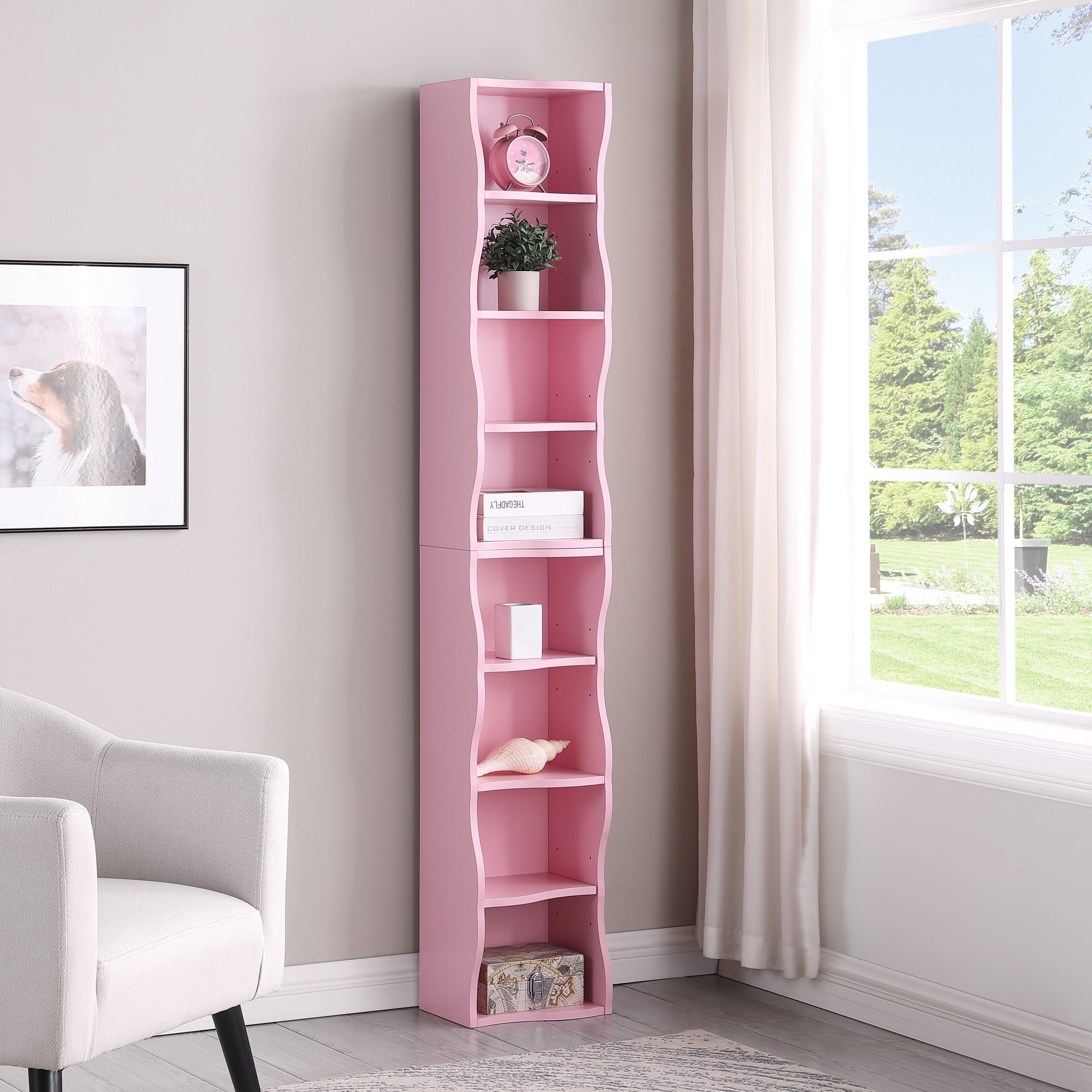 8-layer adjustable shelf ultra-thin bookshelf with a wavy border design, which is more aesthetically pleasing, is suitable for high and narrow, display and multi-functional bookshelves in home offices - Image 1