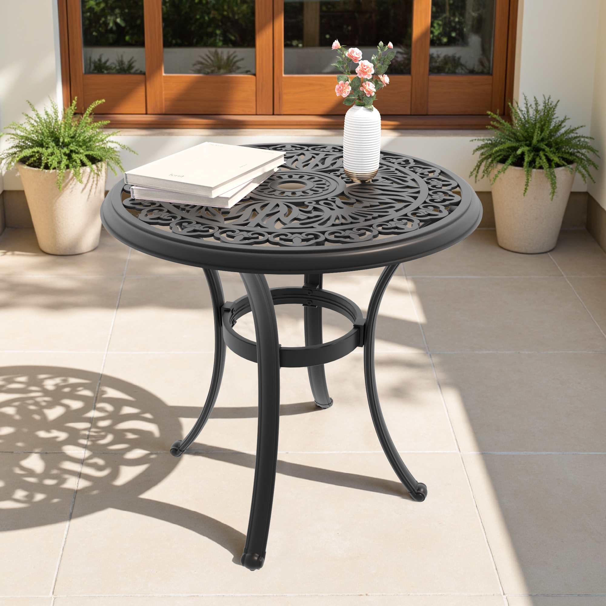 Ø26.77-inch Cast Aluminum Patio Dining Table With Black Frame and Umbrella Hole - Image 2