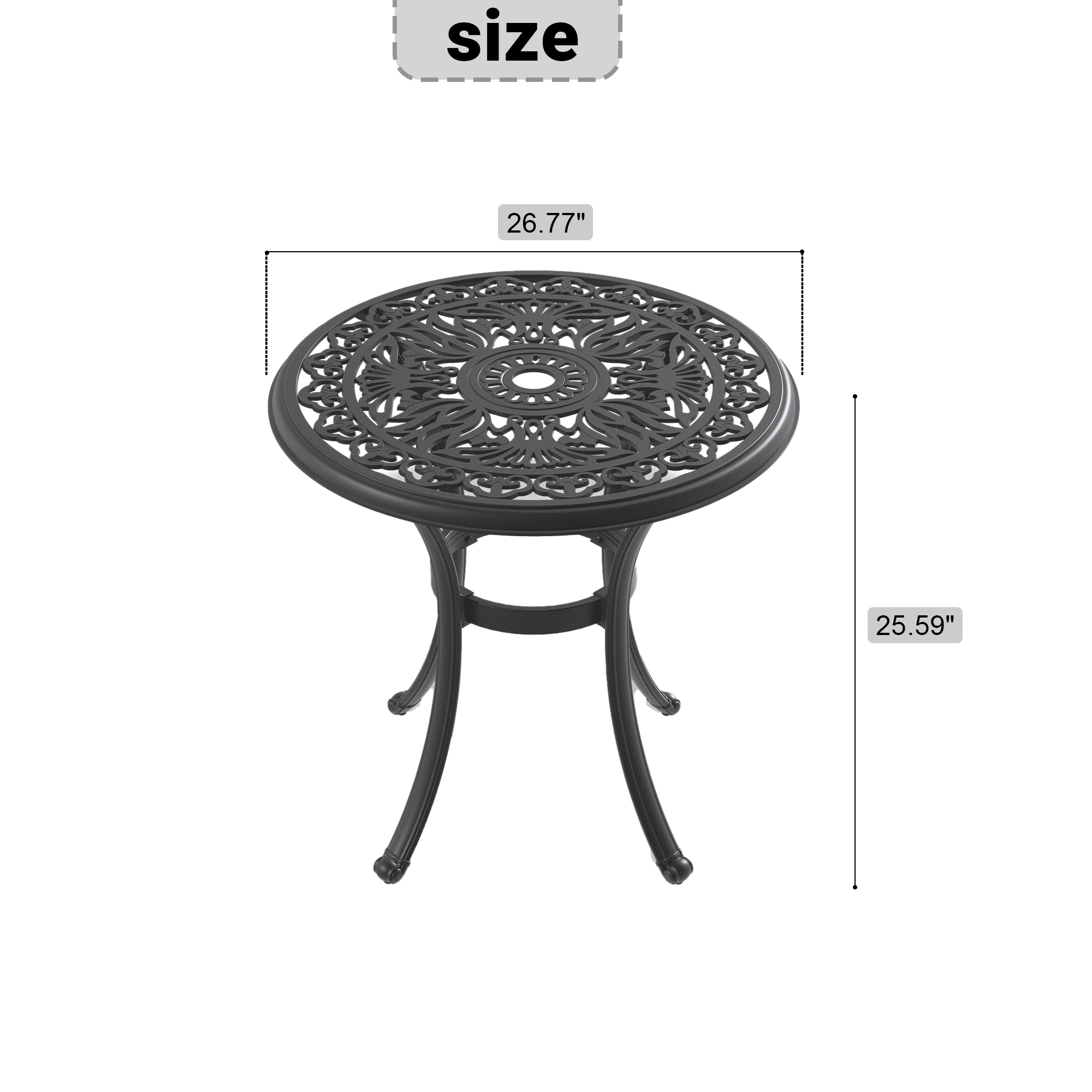 Ø26.77-inch Cast Aluminum Patio Dining Table With Black Frame and Umbrella Hole - Image 5