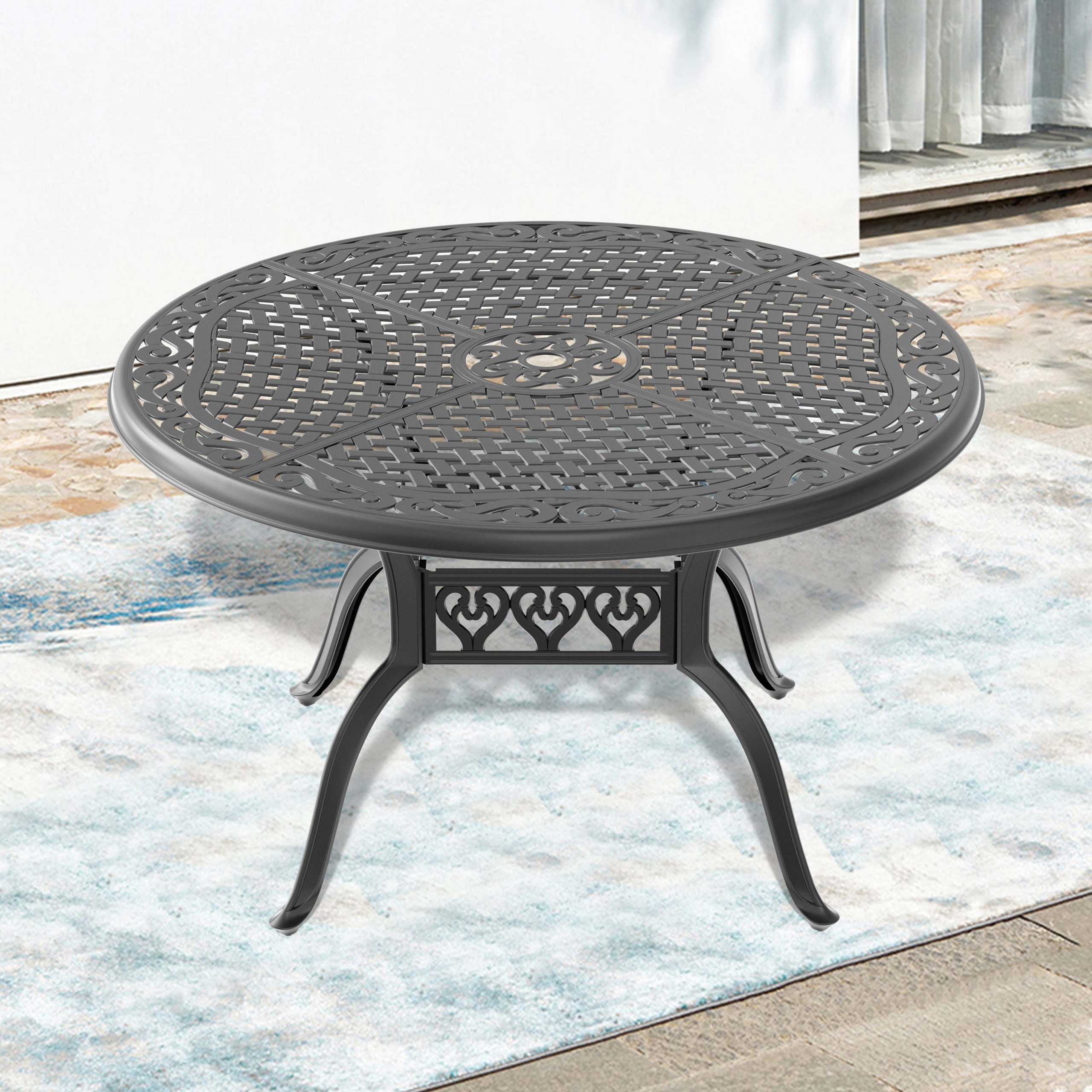 Ø48-inch Cast Aluminum Patio Dining Table with Black Frame and Umbrella Hole