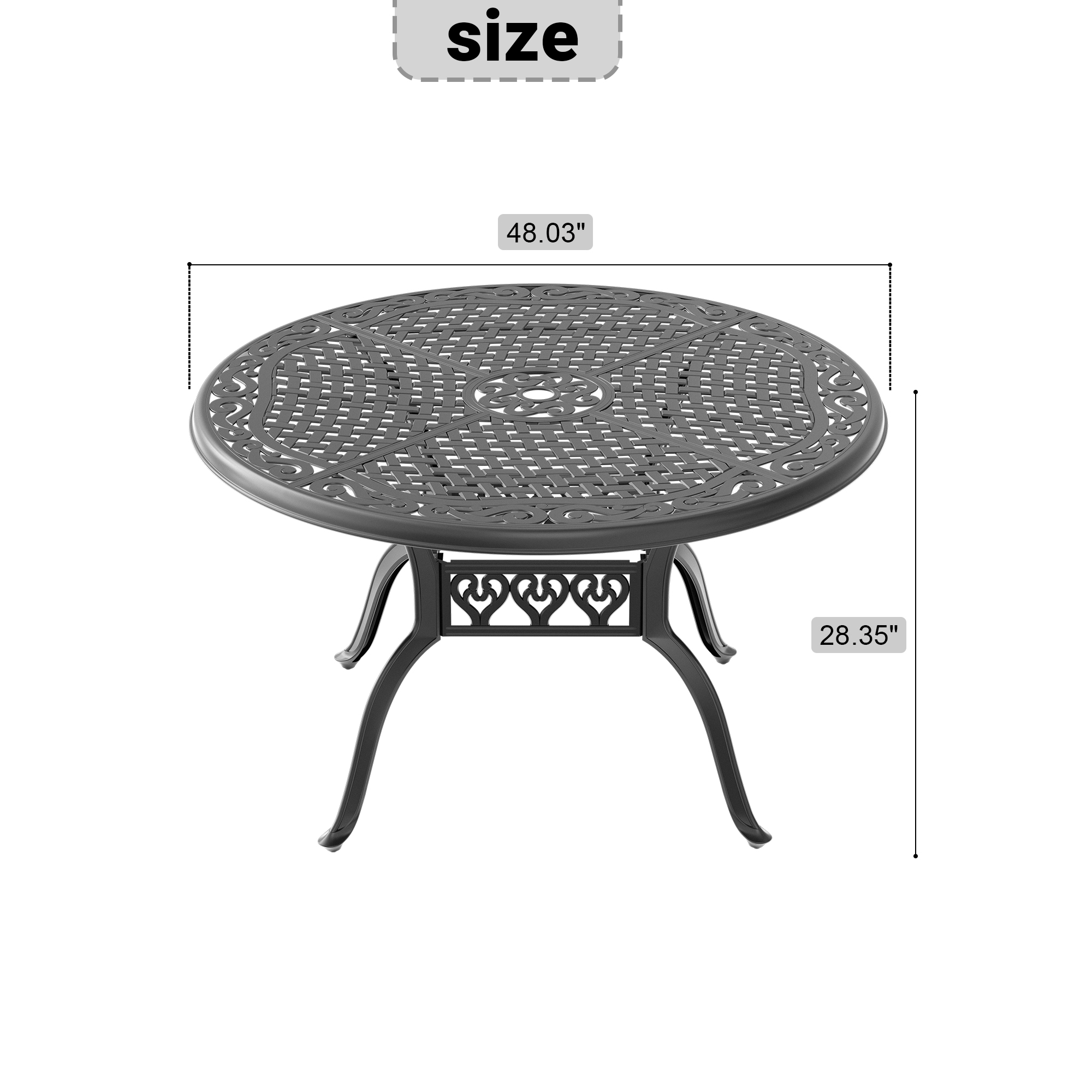 Ø48-inch Cast Aluminum Patio Dining Table with Black Frame and Umbrella Hole - Image 5