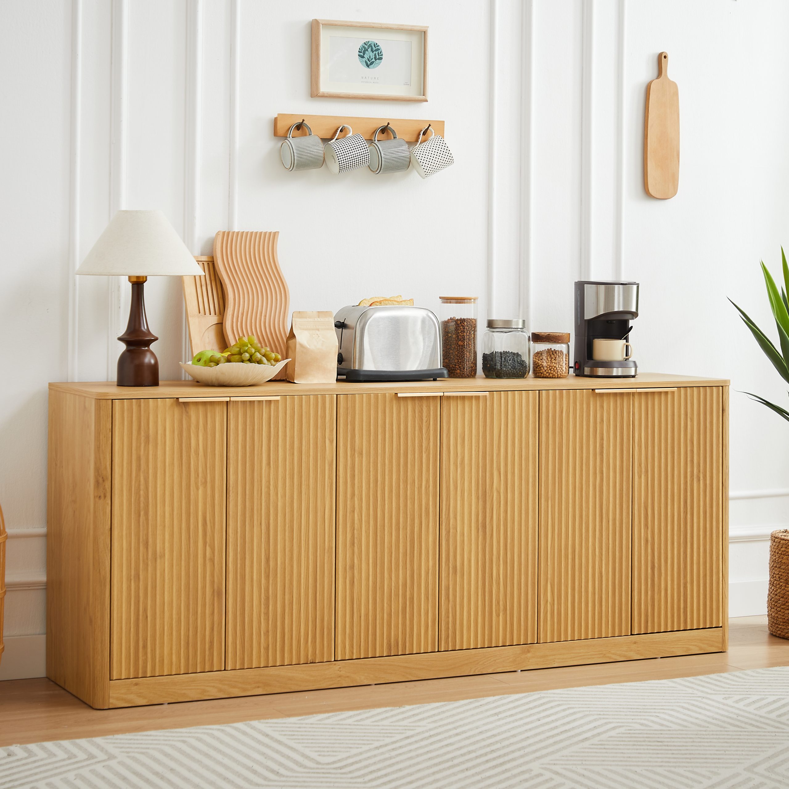 67-inch modern wavy sideboard, curved contour design storage cabinet, 6-door cabinet with storage function, suitable for kitchen / bedroom / living room, Natural, 67.0"L x 15.7"W x 27.7"H - Image 2