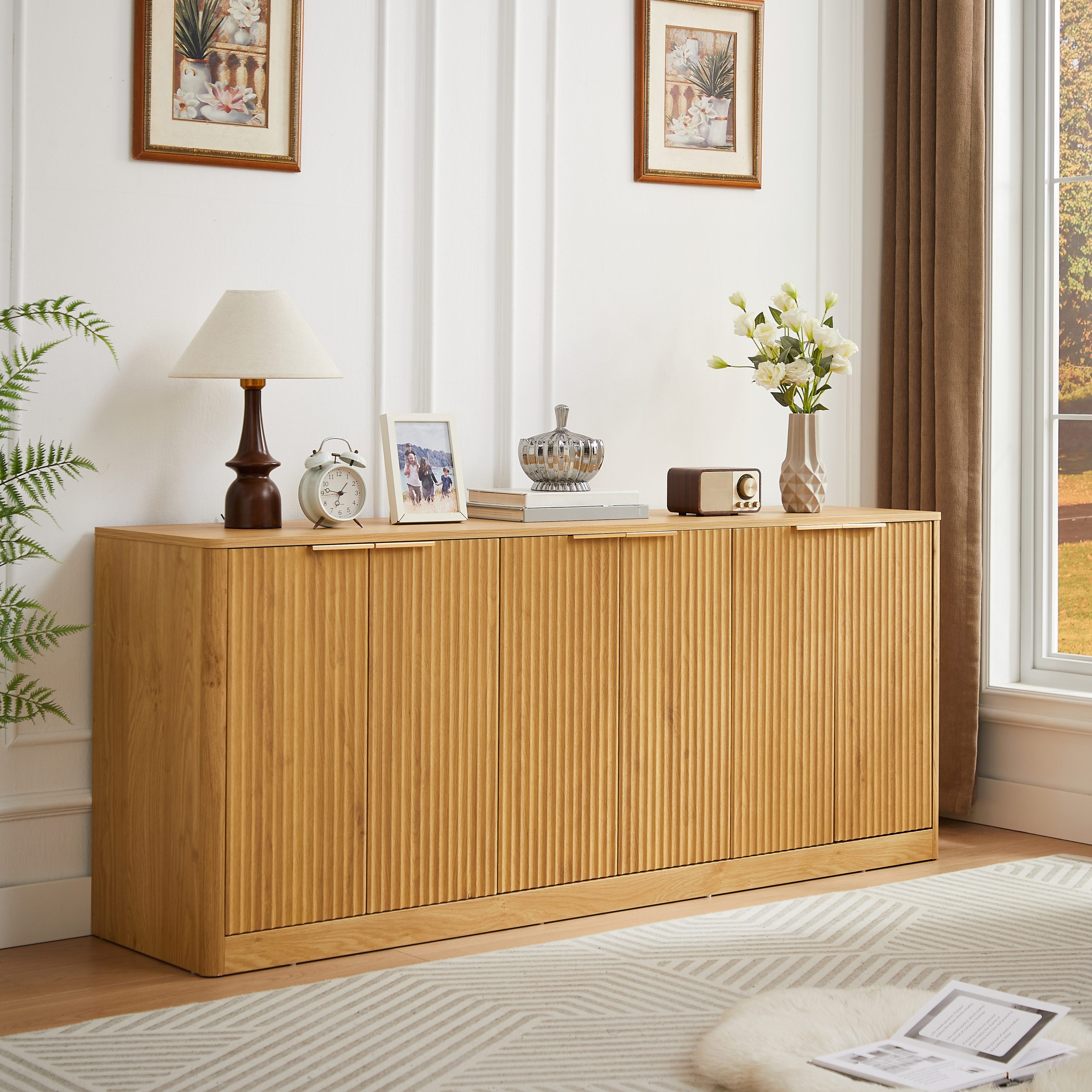 67-inch modern wavy sideboard, curved contour design storage cabinet, 6-door cabinet with storage function, suitable for kitchen / bedroom / living room, Natural, 67.0"L x 15.7"W x 27.7"H - Image 4