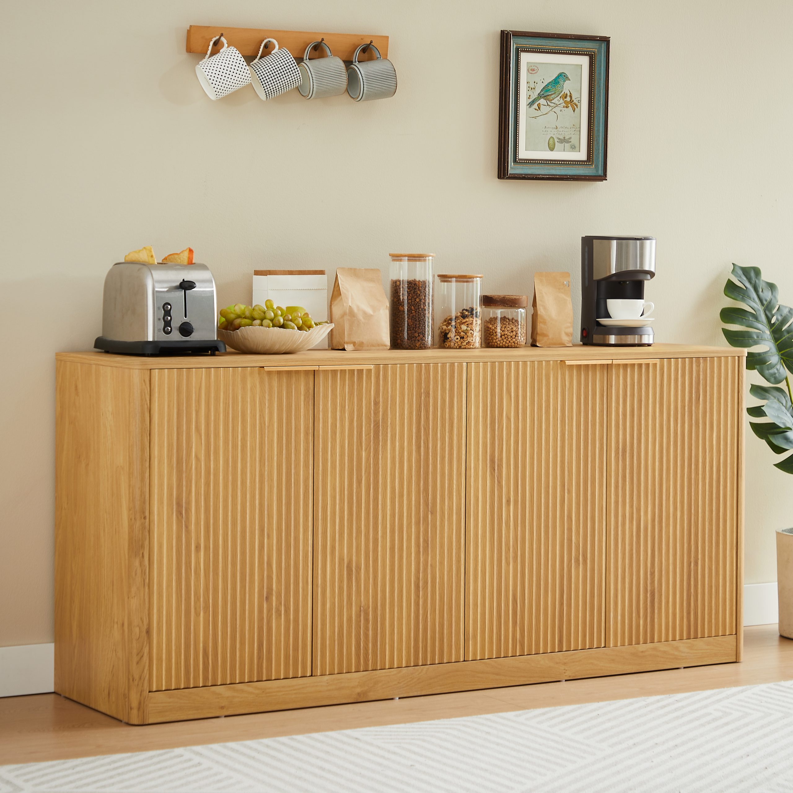 59-inch modern wavy sideboard, curved contour design storage cabinet, 4-door cabinet with storage function, suitable for kitchen/bedroom/living room, Natural, 59.0"L x 15.7"W x 27.7"H - Image 2