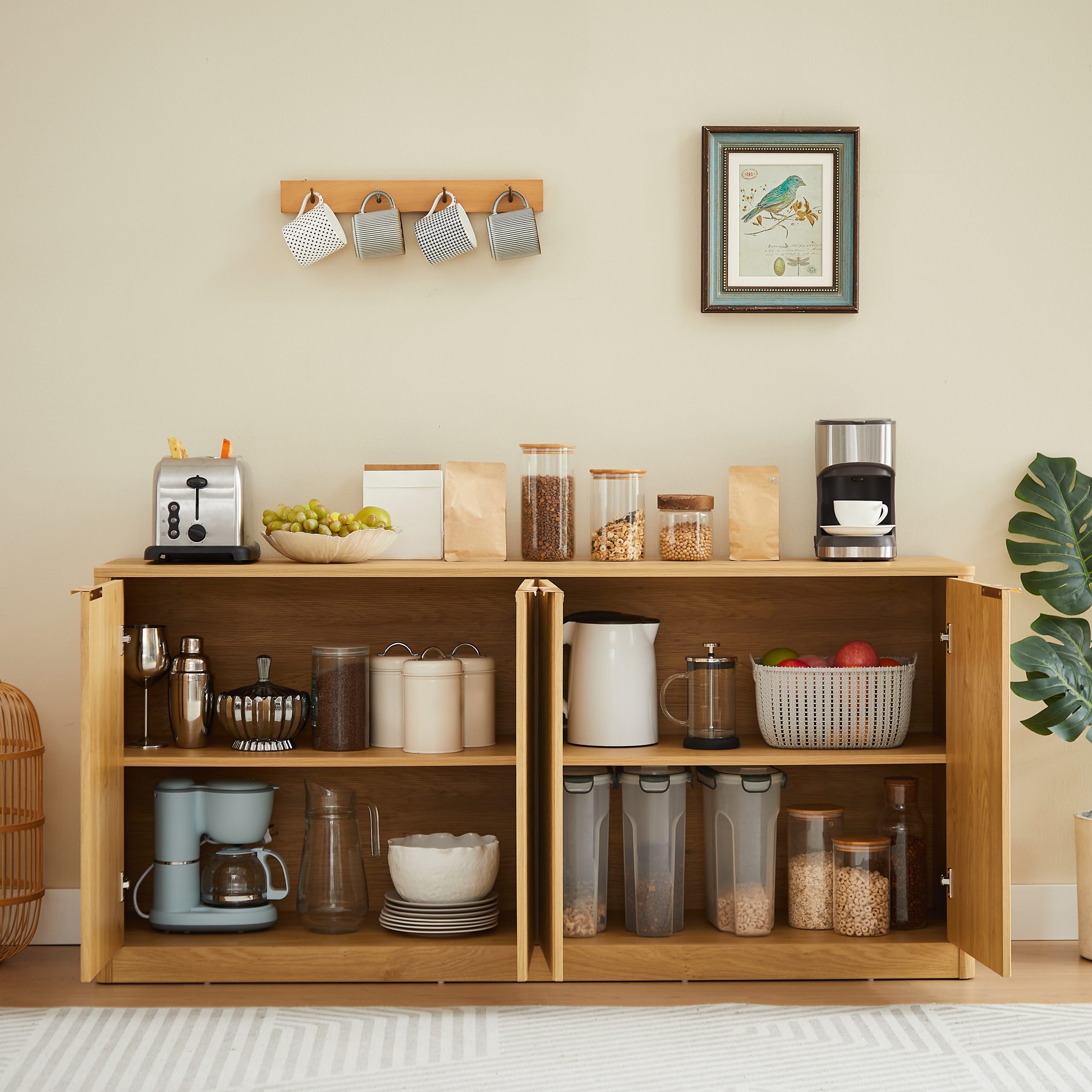 59-inch modern wavy sideboard, curved contour design storage cabinet, 4-door cabinet with storage function, suitable for kitchen/bedroom/living room, Natural, 59.0"L x 15.7"W x 27.7"H - Image 3