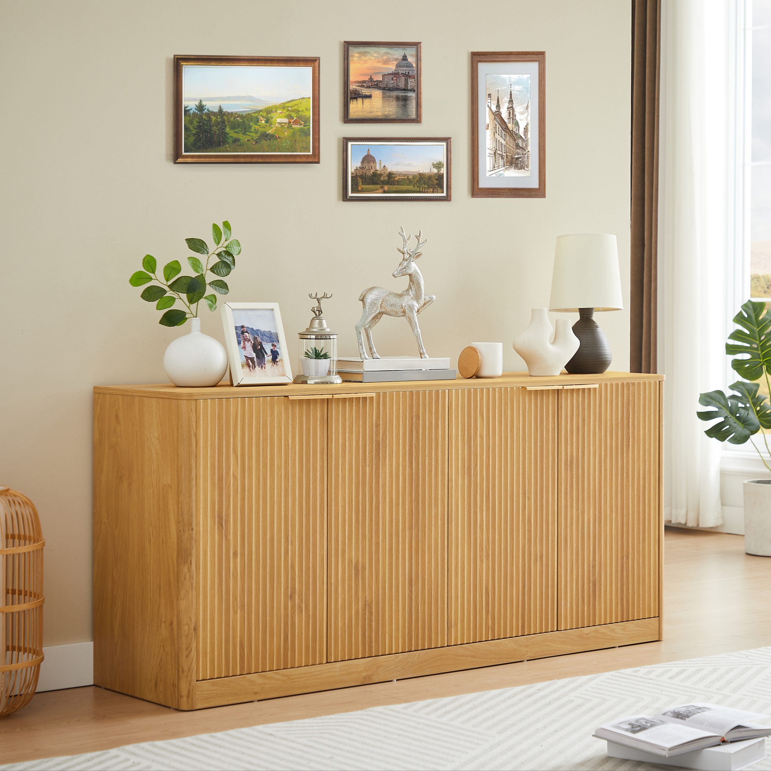 59-inch modern wavy sideboard, curved contour design storage cabinet, 4-door cabinet with storage function, suitable for kitchen/bedroom/living room, Natural, 59.0"L x 15.7"W x 27.7"H - Image 4