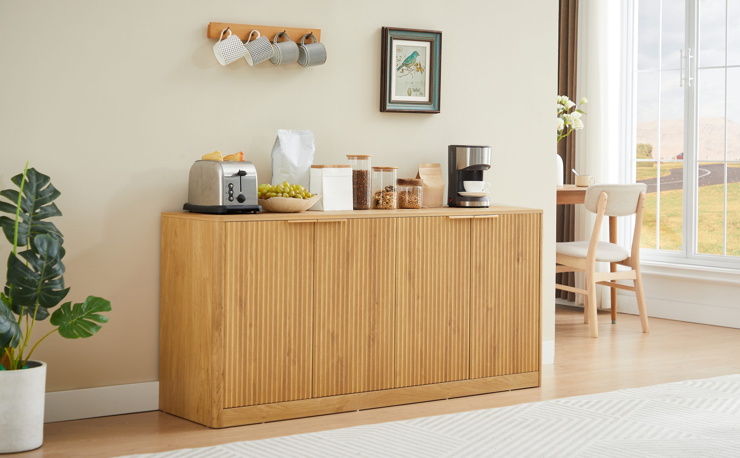 59-inch modern wavy sideboard, curved contour design storage cabinet, 4-door cabinet with storage function, suitable for kitchen/bedroom/living room, Natural, 59.0"L x 15.7"W x 27.7"H - Image 5