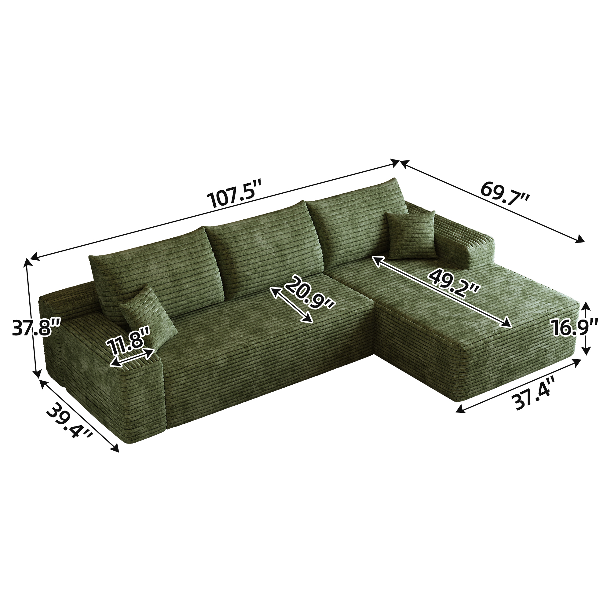 107" Cloud Sectional Couch with L-Shape Chaise,Modern Modular Sofa with Deep Seat, Upholstered Couches for Living Room Bedroom,No Assembly Required, (Plush Corduroy Fabric),Green - Image 4