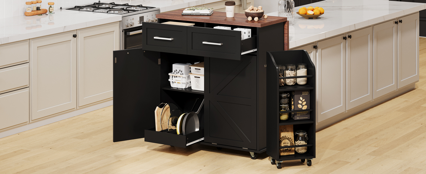 K&K 47.2" Farmhouse Kitchen Island with Drop Leaf, Kitchen Storage Island with Removable Side Racks, Two Drawers, Rolling Kitchen Cart on Wheels with Towel Rack, for Home, Kitchen, Dining Room, Black - Image 2