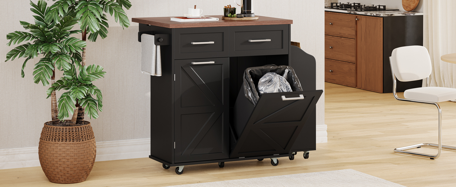 K&K 47.2" Farmhouse Kitchen Island with Drop Leaf, Kitchen Storage Island with Removable Side Racks, Two Drawers, Rolling Kitchen Cart on Wheels with Towel Rack, for Home, Kitchen, Dining Room, Black - Image 3
