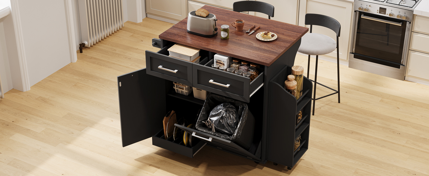 K&K 47.2" Farmhouse Kitchen Island with Drop Leaf, Kitchen Storage Island with Removable Side Racks, Two Drawers, Rolling Kitchen Cart on Wheels with Towel Rack, for Home, Kitchen, Dining Room, Black - Image 4