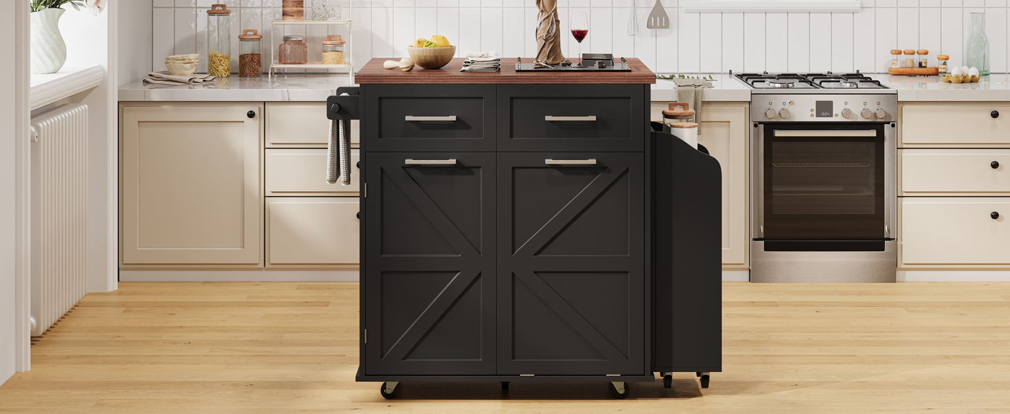 K&K 47.2" Farmhouse Kitchen Island with Drop Leaf, Kitchen Storage Island with Removable Side Racks, Two Drawers, Rolling Kitchen Cart on Wheels with Towel Rack, for Home, Kitchen, Dining Room, Black - Image 5