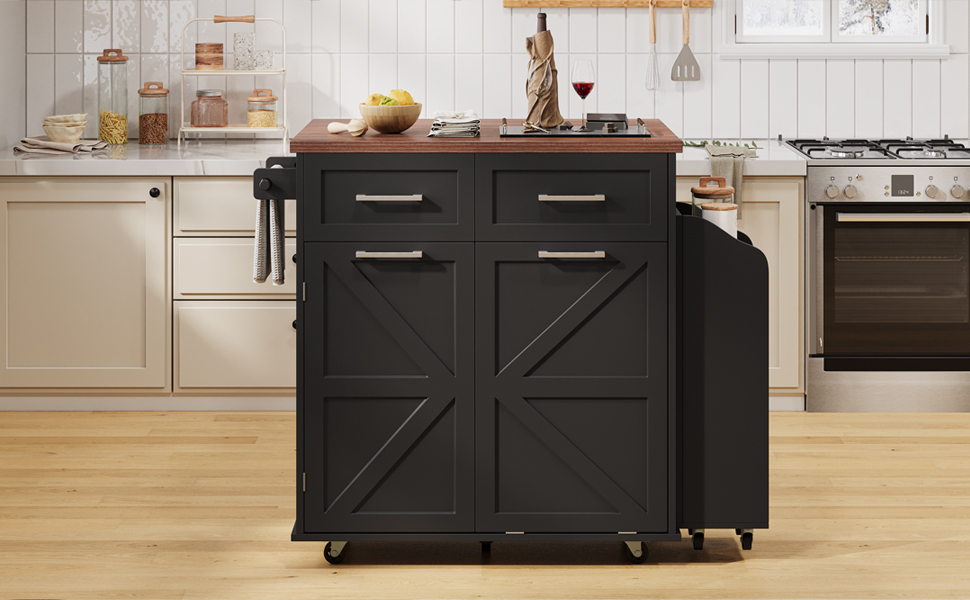 K&K 47.2" Farmhouse Kitchen Island with Drop Leaf, Kitchen Storage Island with Removable Side Racks, Two Drawers, Rolling Kitchen Cart on Wheels with Towel Rack, for Home, Kitchen, Dining Room, Black - Image 6