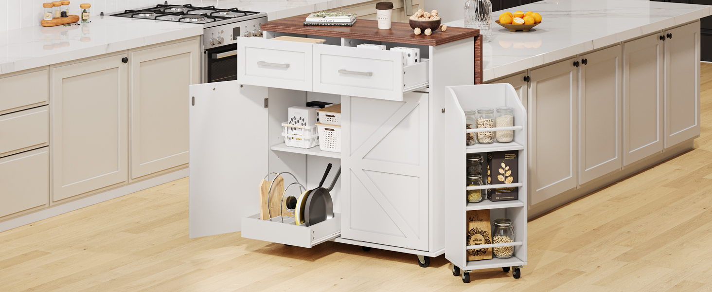 K&K 47.2" Farmhouse Kitchen Island with Drop Leaf, Kitchen Storage Island with Removable Side Racks, Two Drawers, Rolling Kitchen Cart on Wheels with Towel Rack, for Home, Kitchen, Dining Room, White - Image 3