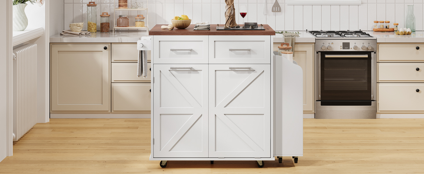 K&K 47.2" Farmhouse Kitchen Island with Drop Leaf, Kitchen Storage Island with Removable Side Racks, Two Drawers, Rolling Kitchen Cart on Wheels with Towel Rack, for Home, Kitchen, Dining Room, White - Image 2