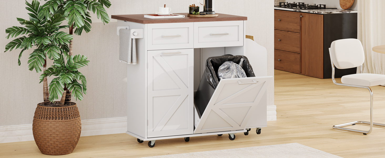 K&K 47.2" Farmhouse Kitchen Island with Drop Leaf, Kitchen Storage Island with Removable Side Racks, Two Drawers, Rolling Kitchen Cart on Wheels with Towel Rack, for Home, Kitchen, Dining Room, White - Image 4