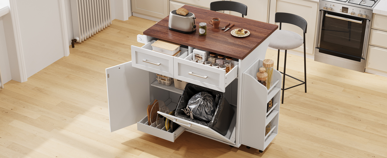 K&K 47.2" Farmhouse Kitchen Island with Drop Leaf, Kitchen Storage Island with Removable Side Racks, Two Drawers, Rolling Kitchen Cart on Wheels with Towel Rack, for Home, Kitchen, Dining Room, White - Image 5