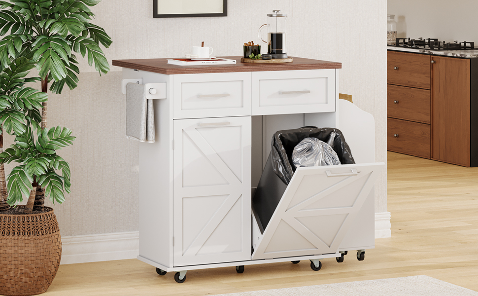 K&K 47.2" Farmhouse Kitchen Island with Drop Leaf, Kitchen Storage Island with Removable Side Racks, Two Drawers, Rolling Kitchen Cart on Wheels with Towel Rack, for Home, Kitchen, Dining Room, White - Image 6