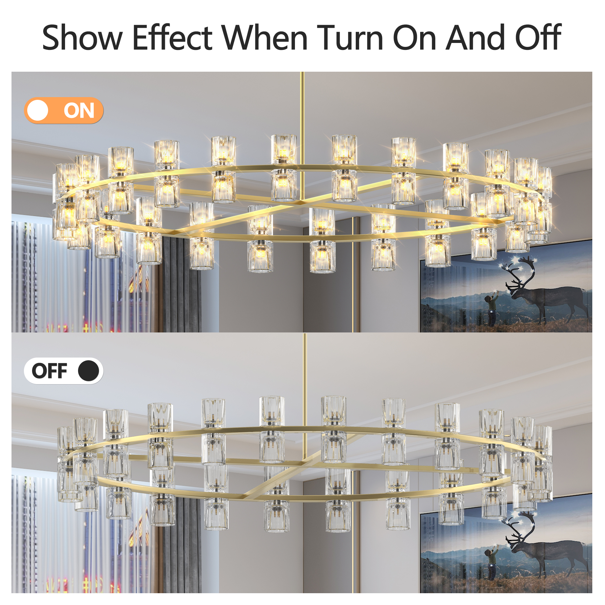 48 Inch Gold Wagon Wheel Chandelier with Crystal Shade, 48 Lights, Modern Farmhouse Style, Ideal for Dining Room, Kitchen, Entryways - Image 3