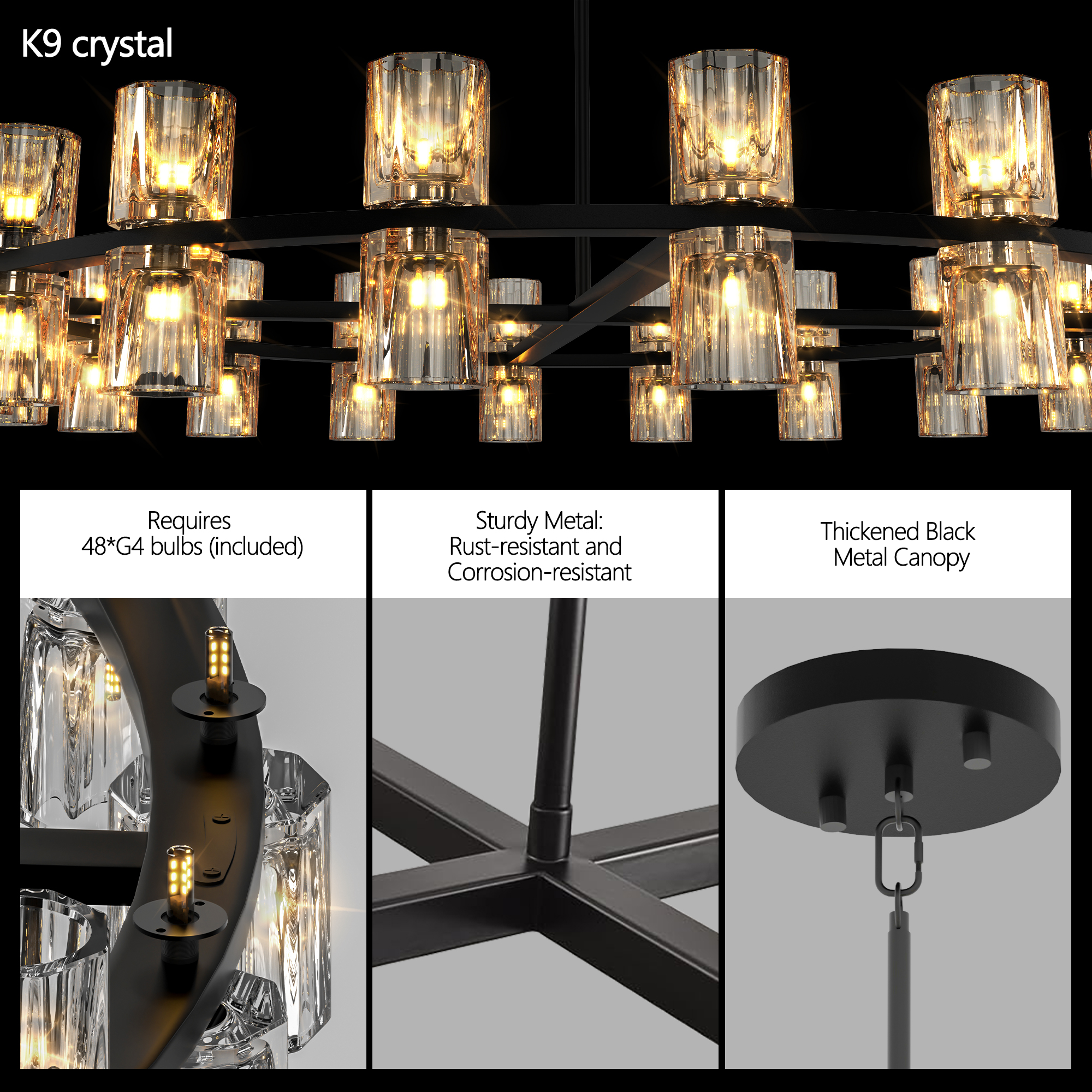 (L005030-D48-P48B/W1340P310779)48 Inches Luxury Chandeliers Crystal Living Room Decorative Lights Simple Modern Dining Room LED Lighting,for Home Decor (Bulbs Included) Black - Image 3