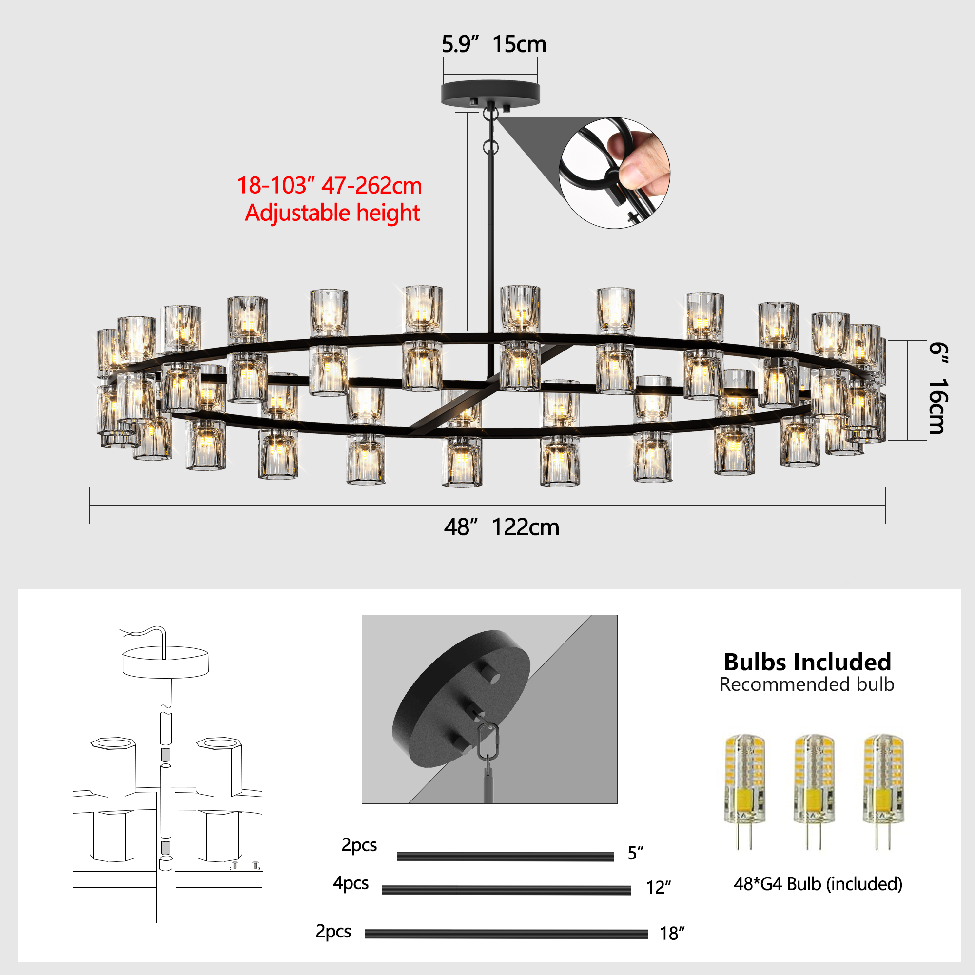 (L005030-D48-P48B/W1340P310779)48 Inches Luxury Chandeliers Crystal Living Room Decorative Lights Simple Modern Dining Room LED Lighting,for Home Decor (Bulbs Included) Black - Image 5