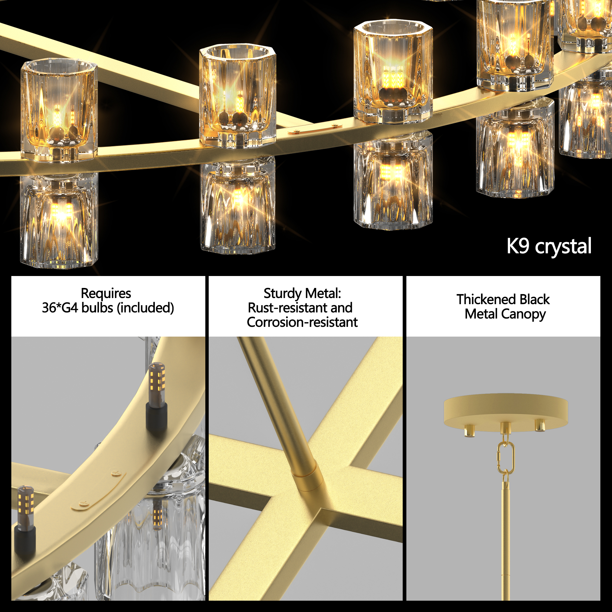 Modern 36" Gold Round Chandelier Light Fixture, K9 Crystal Chandeliers for Dining Room, Living Room, Dining Room Chandeliers Over Table, Chandelier for Bedroom, Foyer, Includes 36XG4 Bulbs - Image 4
