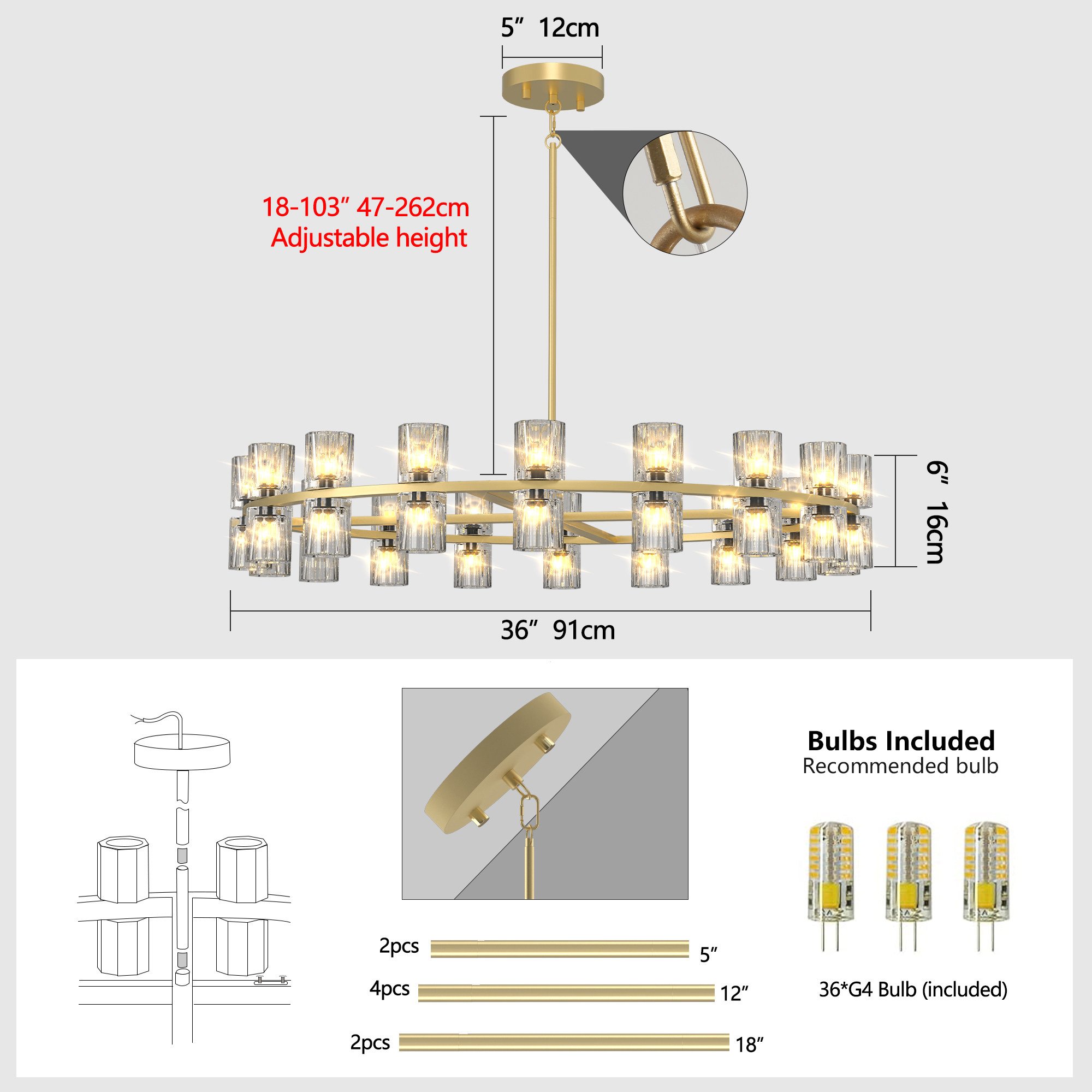 Modern 36" Gold Round Chandelier Light Fixture, K9 Crystal Chandeliers for Dining Room, Living Room, Dining Room Chandeliers Over Table, Chandelier for Bedroom, Foyer, Includes 36XG4 Bulbs - Image 5