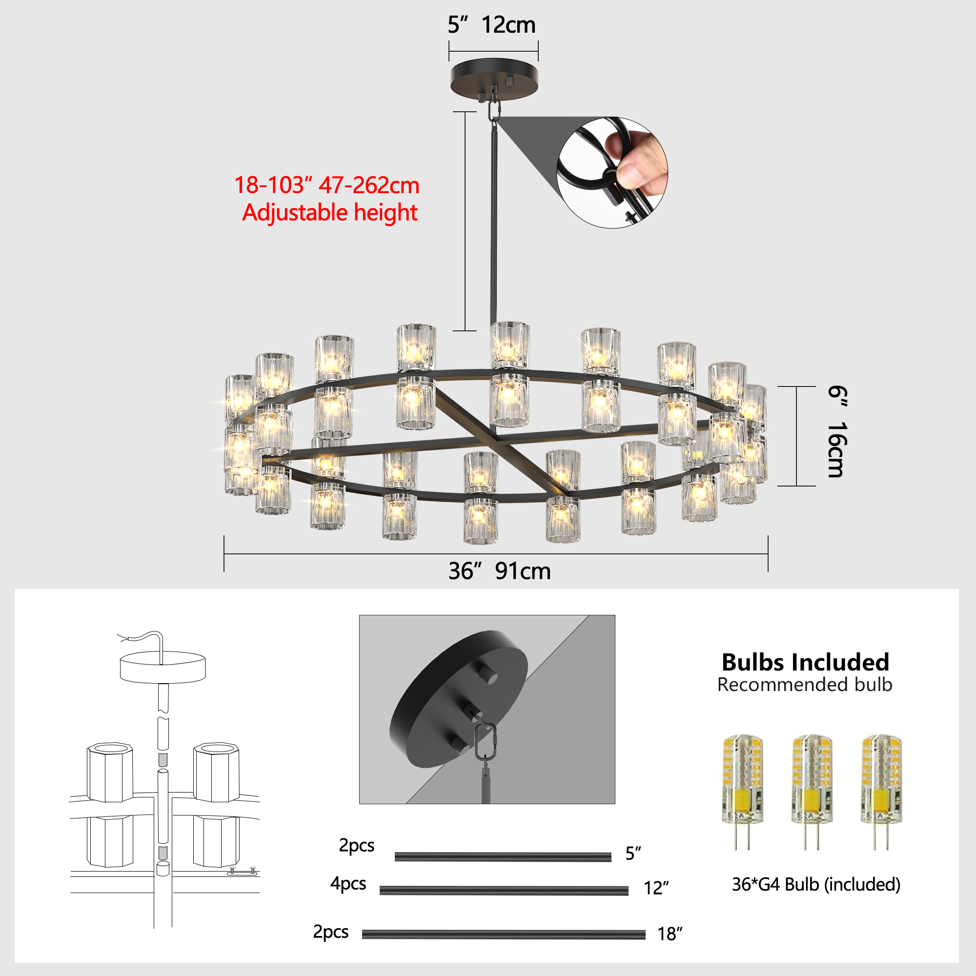 (L005030-D36-P36B/W1340P310778)36 Inches Luxury Chandeliers Crystal Living Room Decorative Lights Simple Modern Dining Room LED Lighting,for Home Decor (Bulbs Included) - Image 6