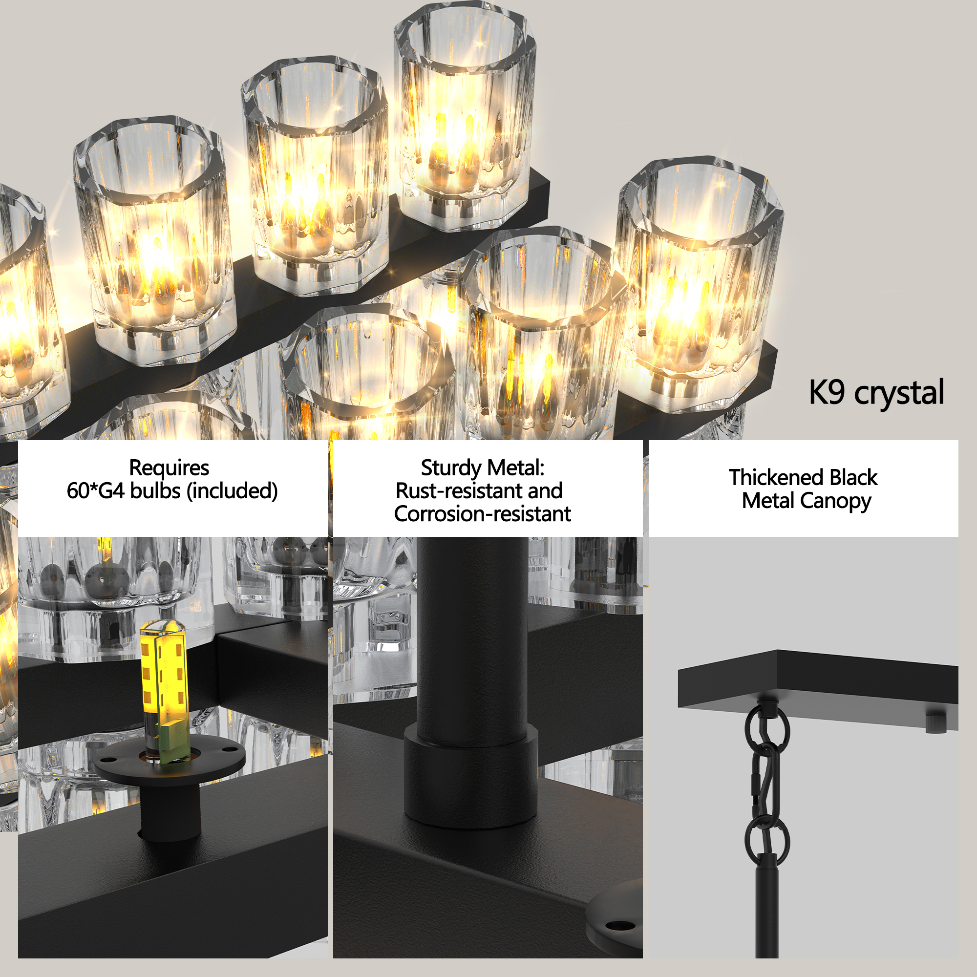 (L005030-D54-P60B/W1340P310780)Rectangular Luxurious Crystal Chandelier for Living Room & Dining Room, Black Frame with K9 Crystals - Image 5