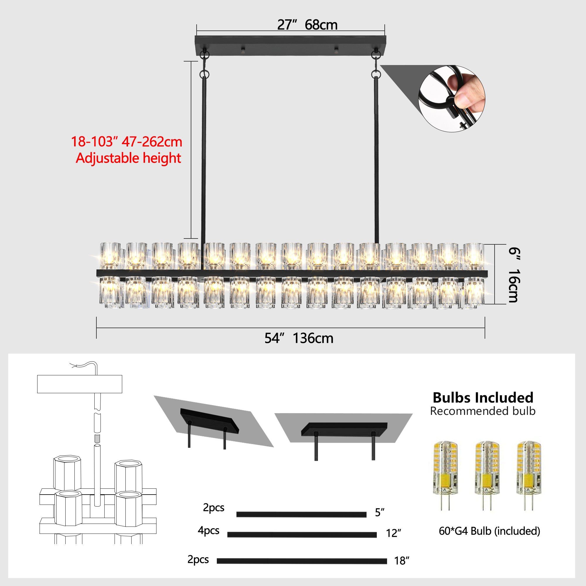 (L005030-D54-P60B/W1340P310780)Rectangular Luxurious Crystal Chandelier for Living Room & Dining Room, Black Frame with K9 Crystals - Image 6