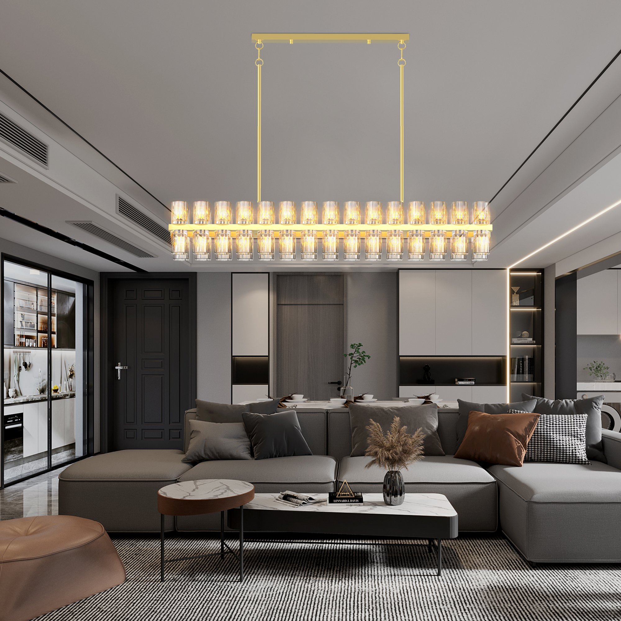 Crystal Brass Rectangle Chandeliers for Dining Room, 54in Gold Farmhouse Chandeliers for Dining Room, Modern Rectangle Crystal Chandelier for Kitchen Island Living Room, Includes 60XG4 Bulbs - Image 2